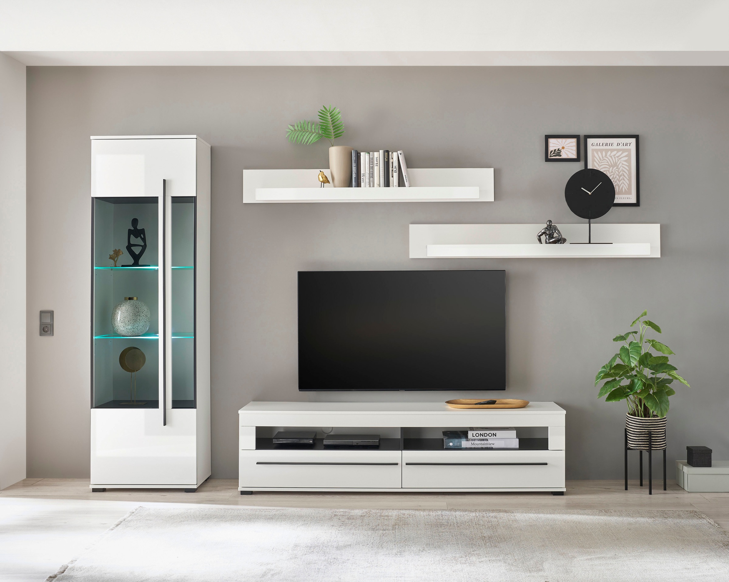 INOSIGN Wohnwand »Cantara, moderne Anbauwand, Wohnzimmer-Set, in Eiche Evoke oder Weiß«, (Set), enthält eine Vitrine, ein Lowboard und zwei Wandboards