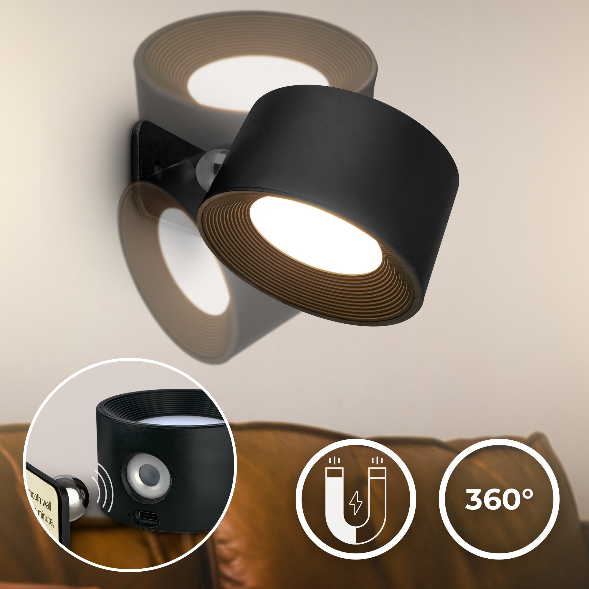 B.K.Licht LED Wandleuchte »BKL1597 Magnetische Akku Wandlampe, 3-Stufen Dimmer, mit USB-C«, 1 flammig, Leuchtmittel LED-Modul | LED fest integriert, CCT-Funktion, 150Lm, 2W, 14h Leuchtdauer, 4,5 x 8 x 9,5 cm, Schwarz