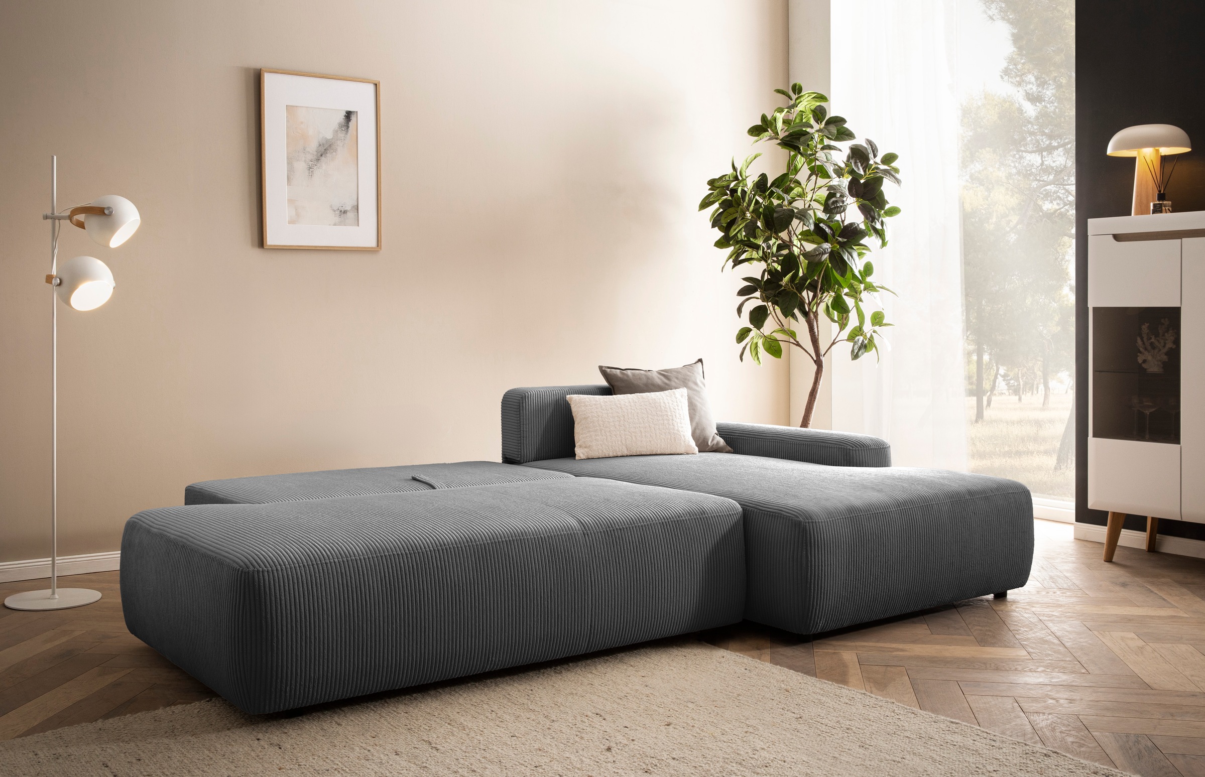INOSIGN Ecksofa »TORGE, Schlafsofa Cord, Samtvelours u. Strukur fein, Couch in L-Form«, Schlaffunktion und Bettkasten, Liegefläche: 210x125 cm, neues Design