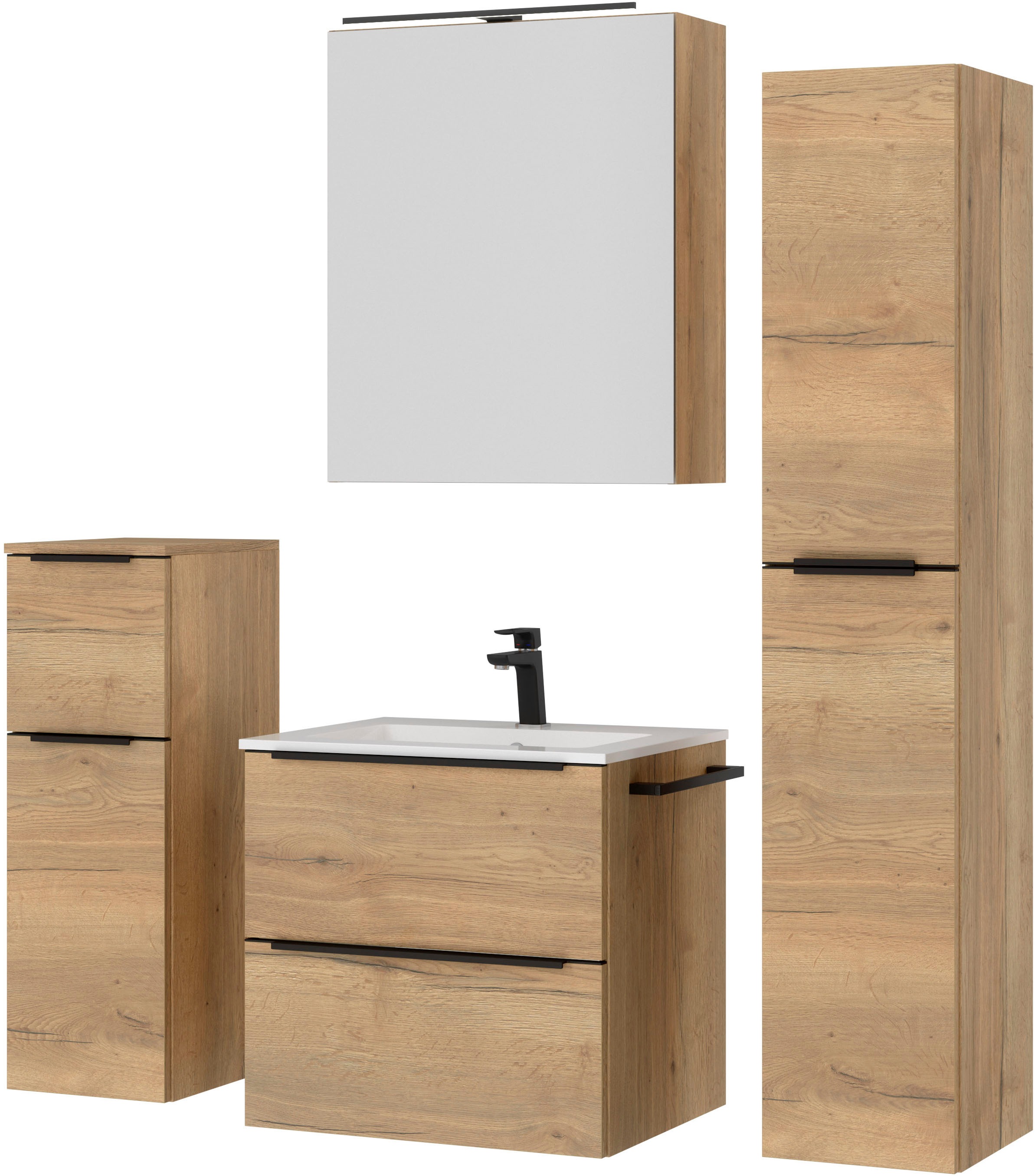 nobilia® Badmöbel-Set »Levere«, (4 St., vormontiert, mit Soft-Close), inkl. Spiegelschrank mit Beleuchtung und Dimmerfunktion, in 4 Breiten