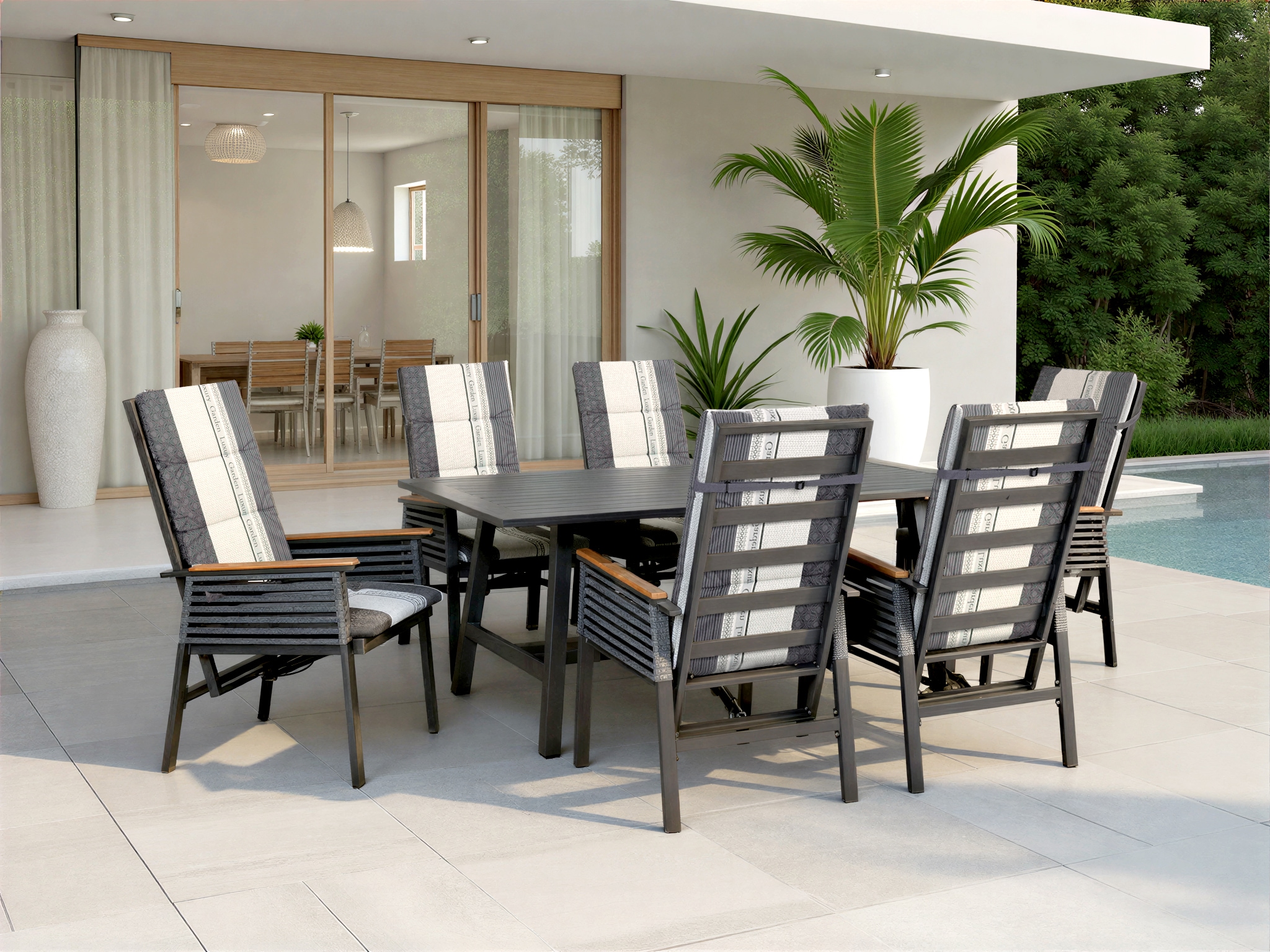 KONIFERA Garten-Essgruppe »Edessa Komfort« Set, 6x Stuhl mit Rückenverstellung, 1x Tisch 180x97x74 cm, inkl. Auflagen, 13 Stk. tlg. Tischplatte aus Alu-Lamellen,Armlehne mit Seilgeflecht&Noonwood-Latten