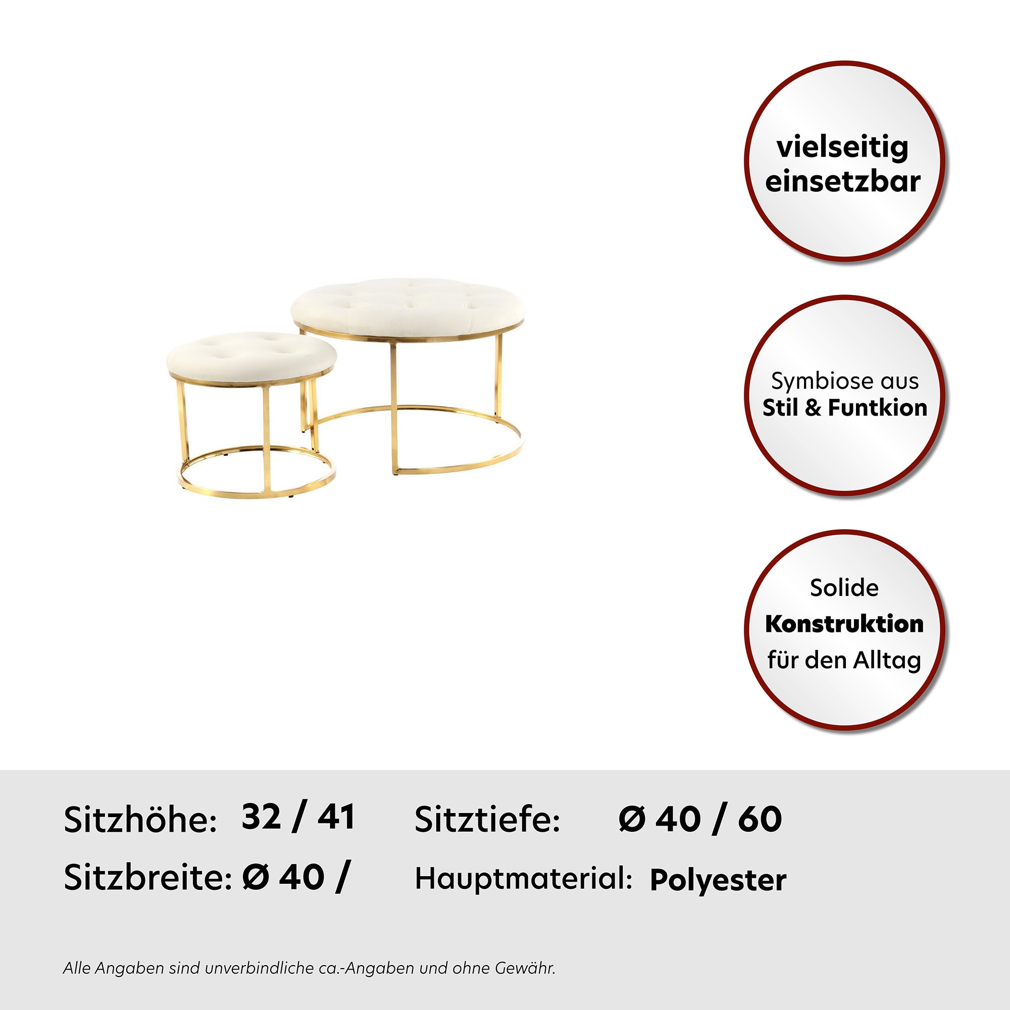 Kayoom Sitzhocker »Hocker Myla 2er-Set, praktisch ineinander schiebbar«, (Set, 2 St.), ineinander schiebbar, rund, gesteppt, mit Zierknöpfen