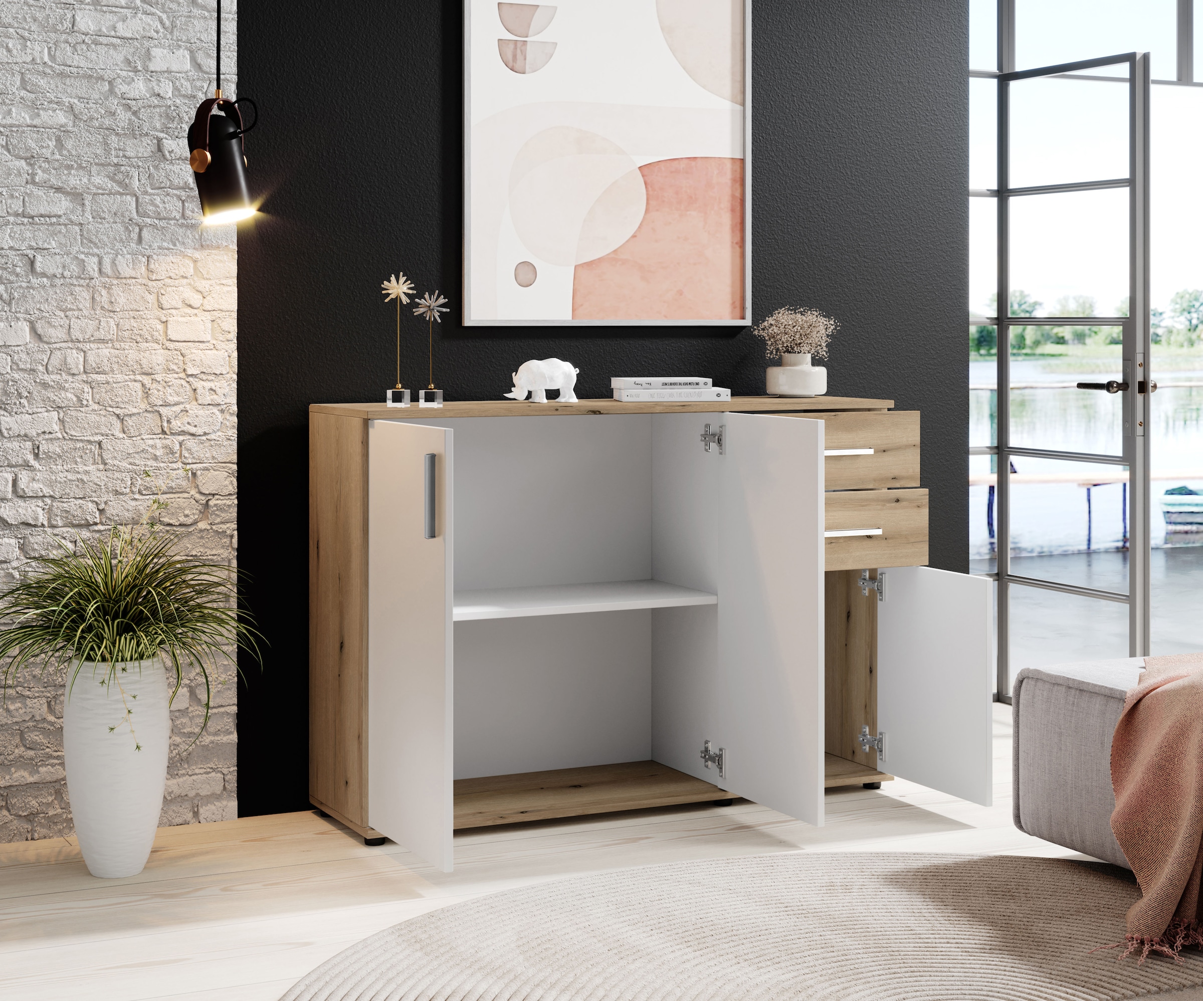 HBZ Kommode »BC-Drift-2, Sideboard Stellmaß BxHxT 120x84x35 cm«, (1 St.), Kommode mit 3 Türen, 2 Schubkästen und 1 Einlegeboden