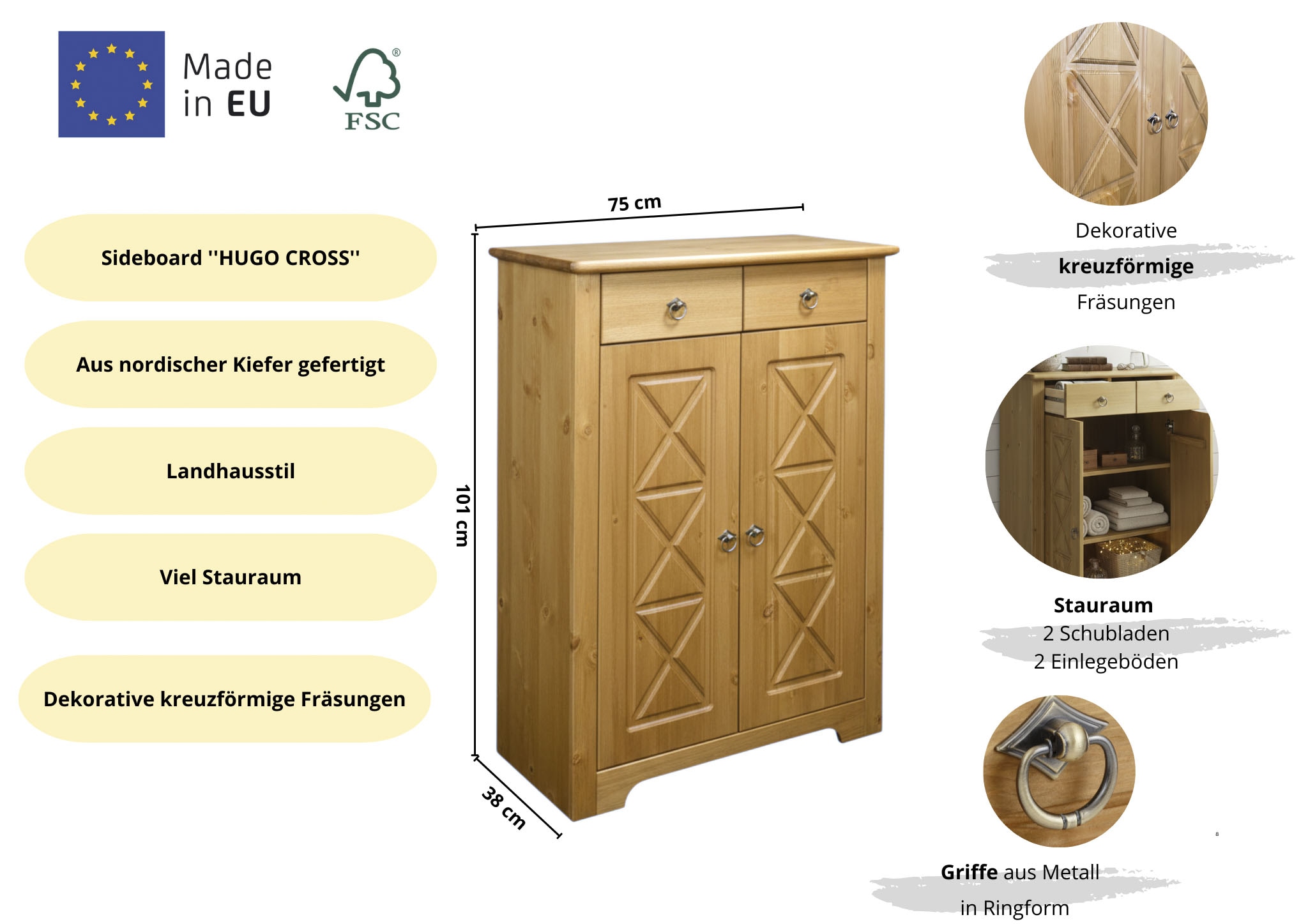 OTTO home Kommode »Hugo« B/T/H: 74/38/100 cm,  aus massiver Kiefer, Breite 74 cm,  2 Schubladen, FSC® zertifiziert