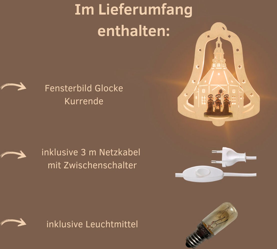 Weigla Dekofigur »beleuchtetes Fensterbild Glocke Kurrende, NATUR-BRAUN«, Erzgebirge garantiert, Weihnachtsdeko Innen, Weihnachtsbeleuchtung