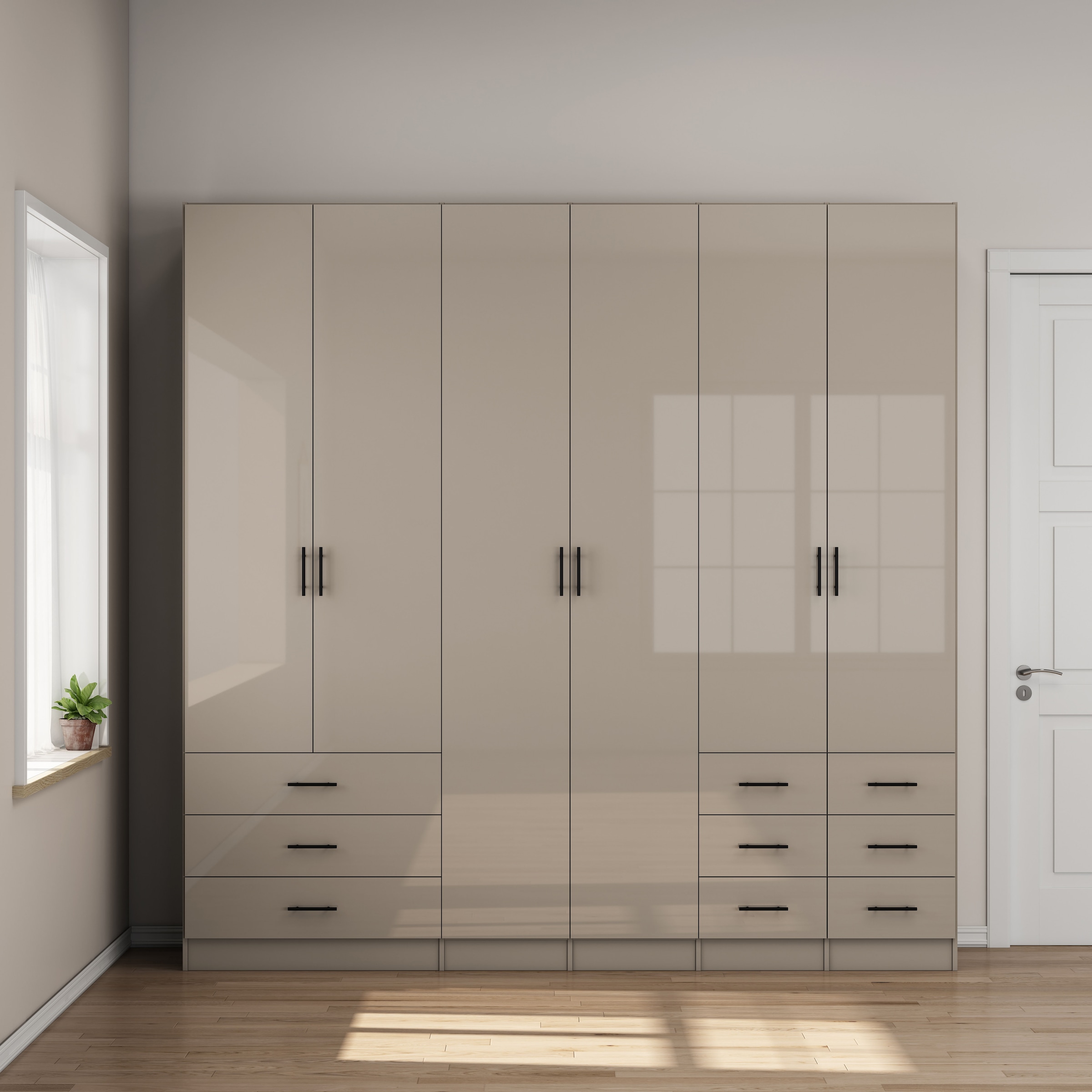 OTTO home Kleiderschrank »Trento Schlafzimmerschrank Garderobe hochglanz« in 2 unterschiedlichen Schrankhöhen wählbar,  Schrank mit 6 Türen und 9 Schubladen, Hochglanz-Fronten, 2,39m Höhe