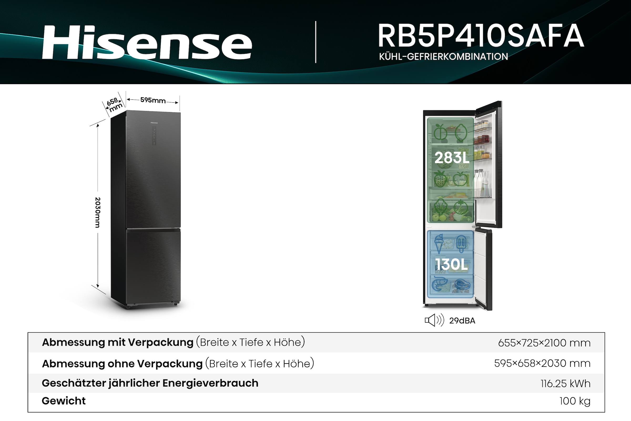 Hisense Kühl-/Gefrierkombination »RB5P410SAFA« 203 cm hoch 59,5 cm breit BigVolumen Modell mit insgesamt 413 Liter