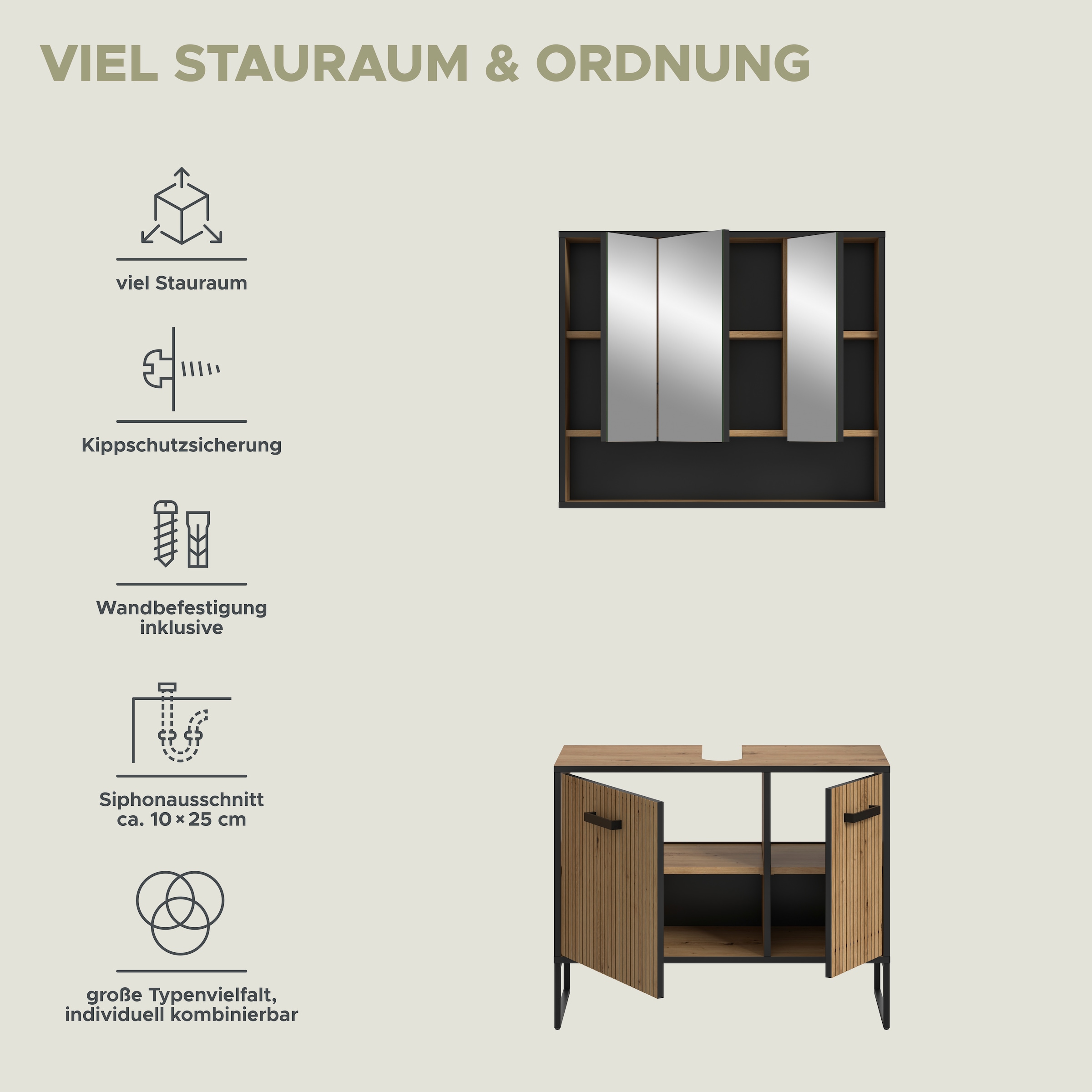 welltime Badezimmer-Set »LOCRI, 2-tlg. Badkombination, Breite 80 cm, Rillenoptik, Metallkufen« bestehend aus: Waschbeckeunterschrank & Spiegelschrank, 2 Stk. tlg.