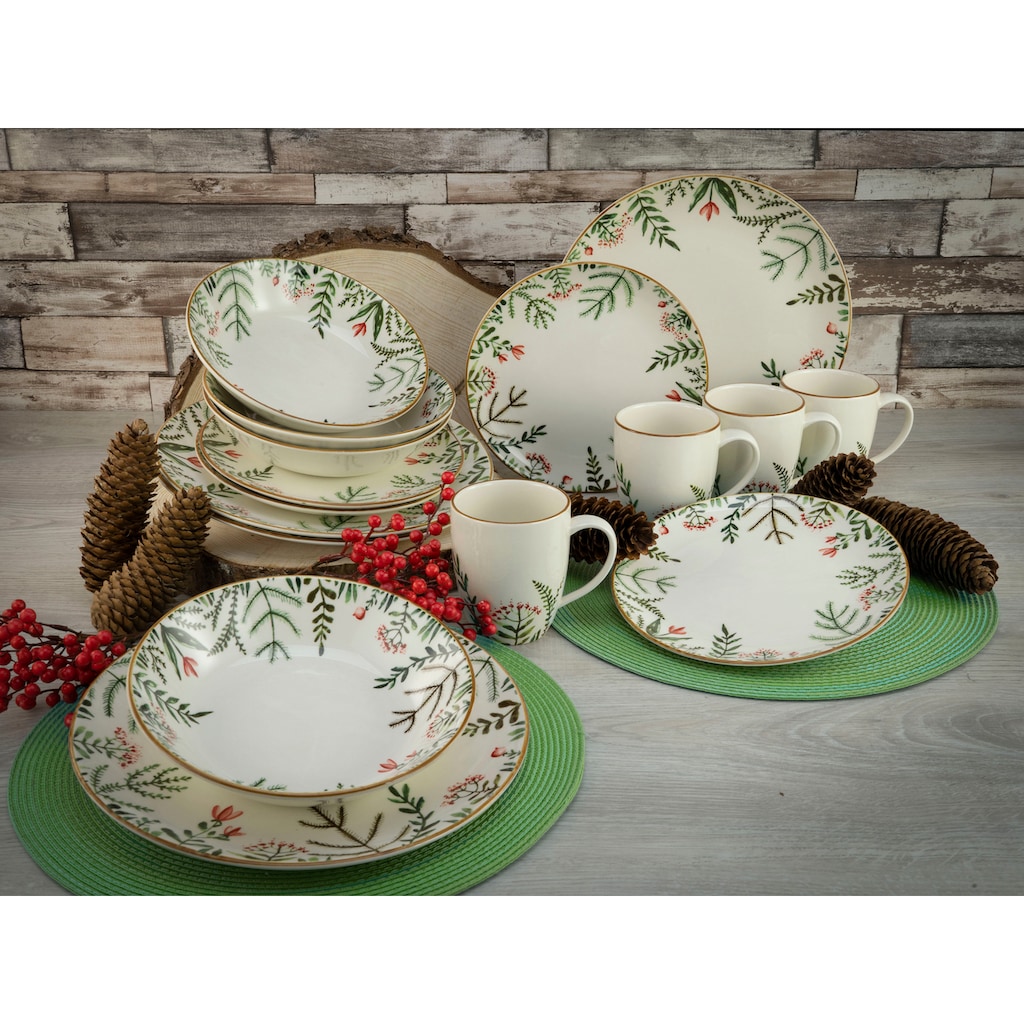 CreaTable Kombiservice »Geschirr-Set Greenery Leaves«, (Set, 16 tlg., Kaffeeservice und Tafelservice im Set, für 4 Personen)