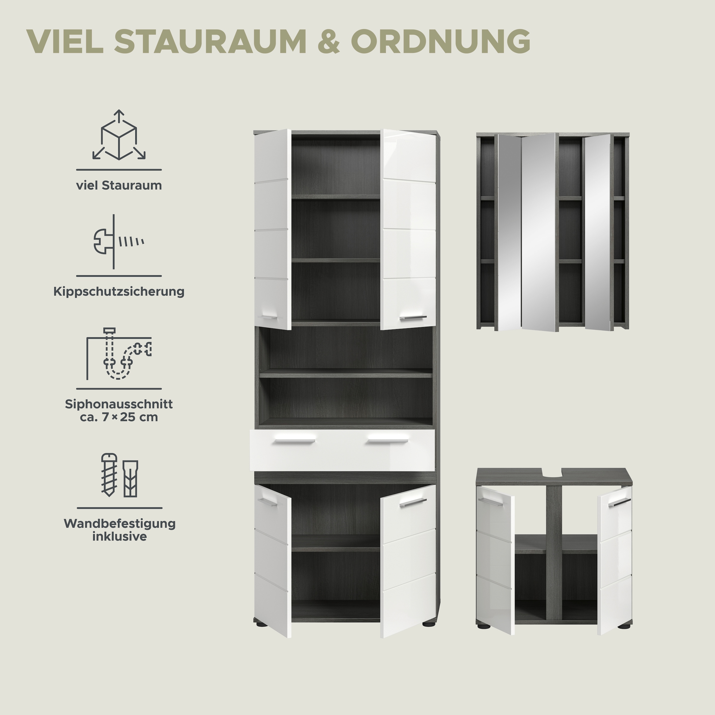 welltime Badmöbel-Set »LUCCA, 3-tlg. Badkombination, viel Stauraum, modernes Design« 3 Stk. tlg.