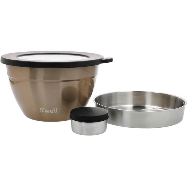 S\'well Salatschüssel »S\'well Calacatta Gold Salad Bowl Kit, 1.9L«, 3 tlg.,  aus Edelstahl, Therma-S\'well®-Technologie mit vakuumisolierten Außenschale  auf Rechnung bestellen