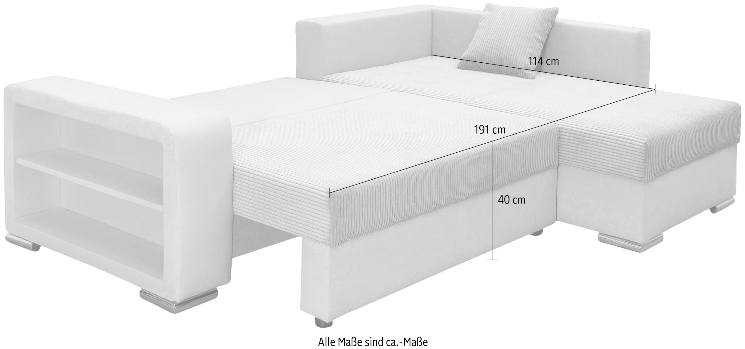 COLLECTION AB Ecksofa »John L-Form, B: 226 cm, Schlaffunktion & Bettkasten« Regalelement mit Licht, Couch mit Federkern, 2 Zierkissen