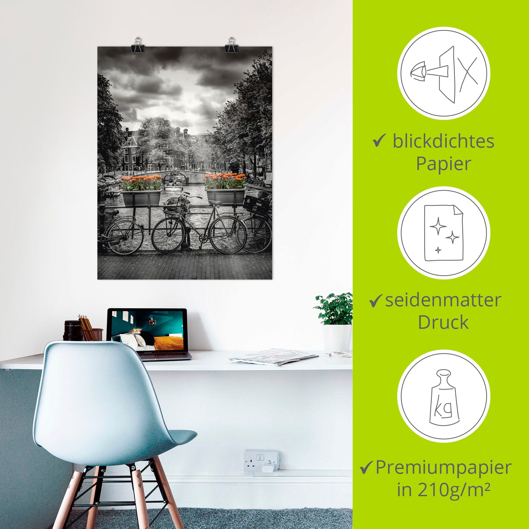 Artland Wandbild »Amsterdam Herengracht & Sonnenstrahlen«, Fahrräder, (1 St.), als Leinwandbild, Poster in verschied. Größen