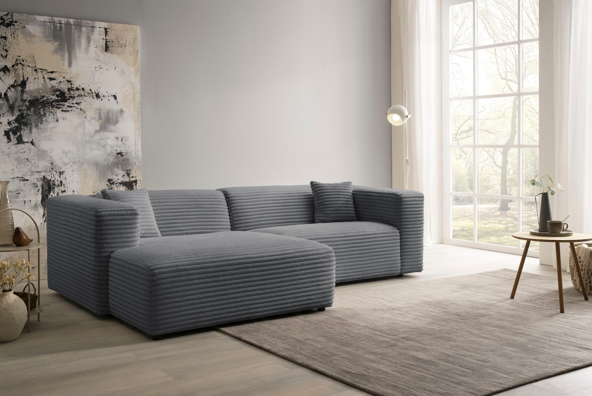 andas Ecksofa »BAKELS, L-Form in Cord oder Boucle-Stoff, moderne Couch«, wahlweise Recamiere rechts/links, bequemer Sitzkomfort