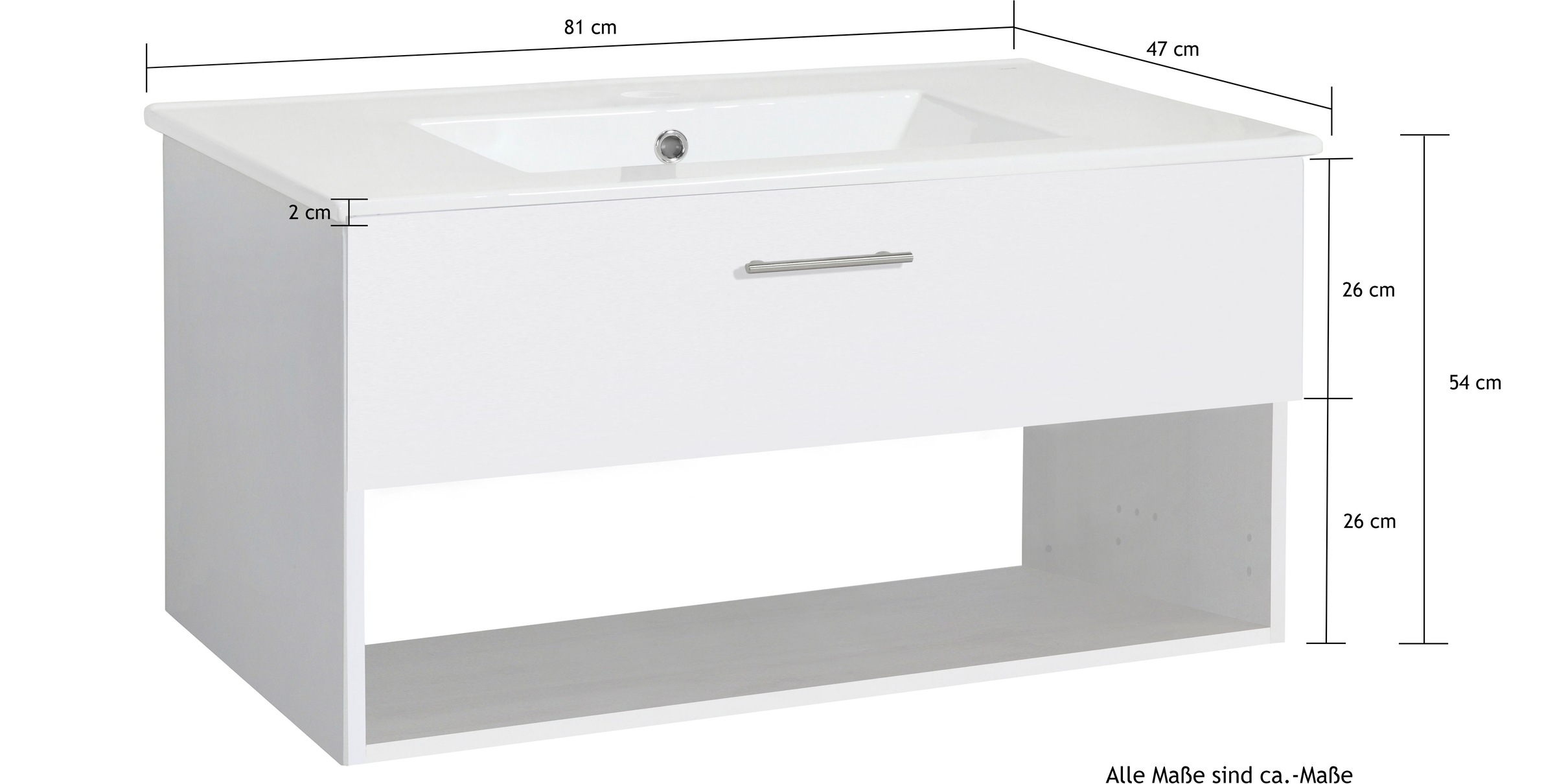 welltime Waschtisch »Trento Light mit Keramik-Auflagebecken«, 1 Auzug und 1 offenes Fach, Breite. 81cm, Weiß