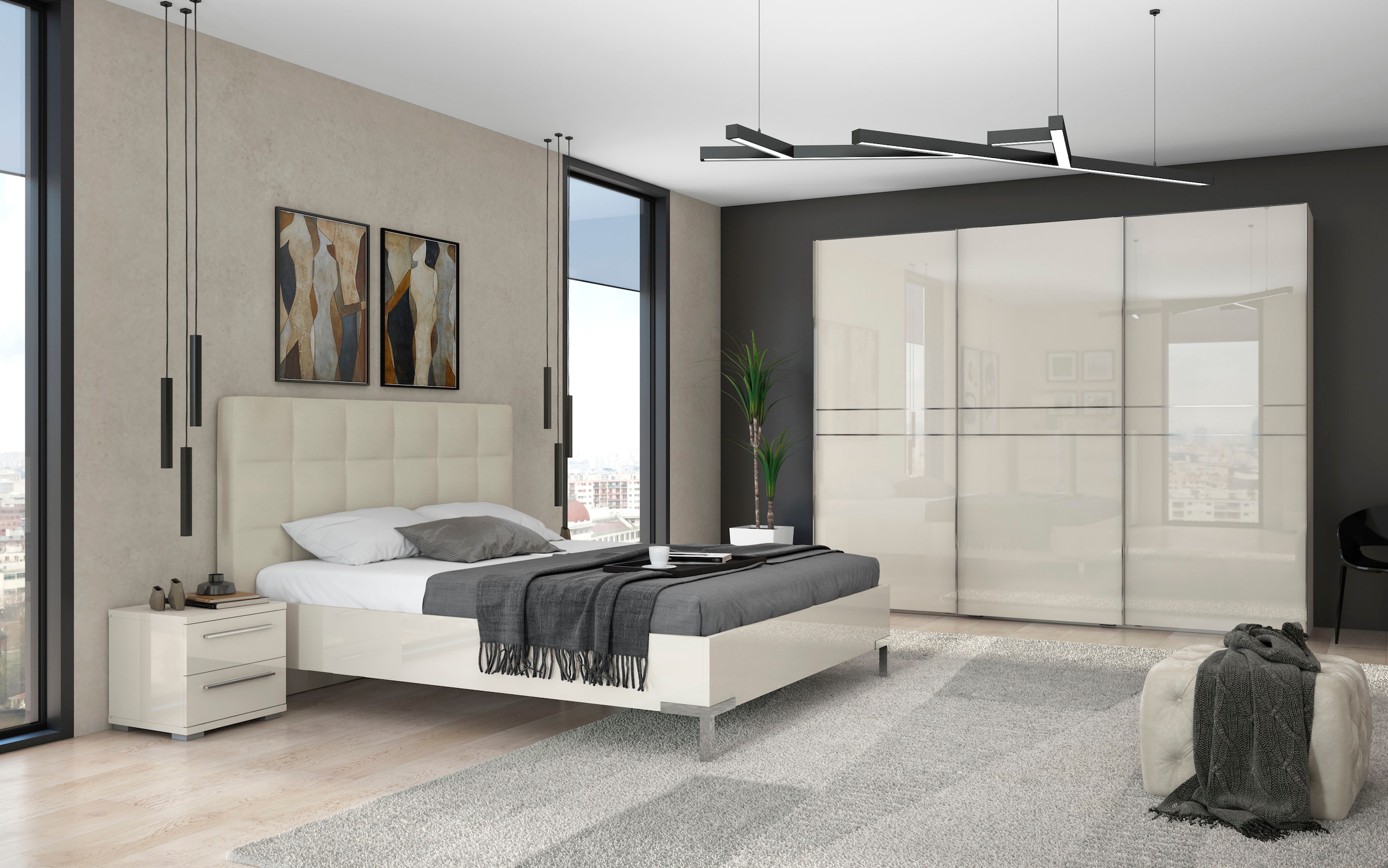 Places of Style Schwebetürenschrank »Piano, FSC-zertifiziert, mit Einlegeböden und Kleiderstangen«, (in 3 Breiten, 224cm hoch), UV lackiert, hochglänzend, mit Soft-Close Funktion, in beige oder weiß