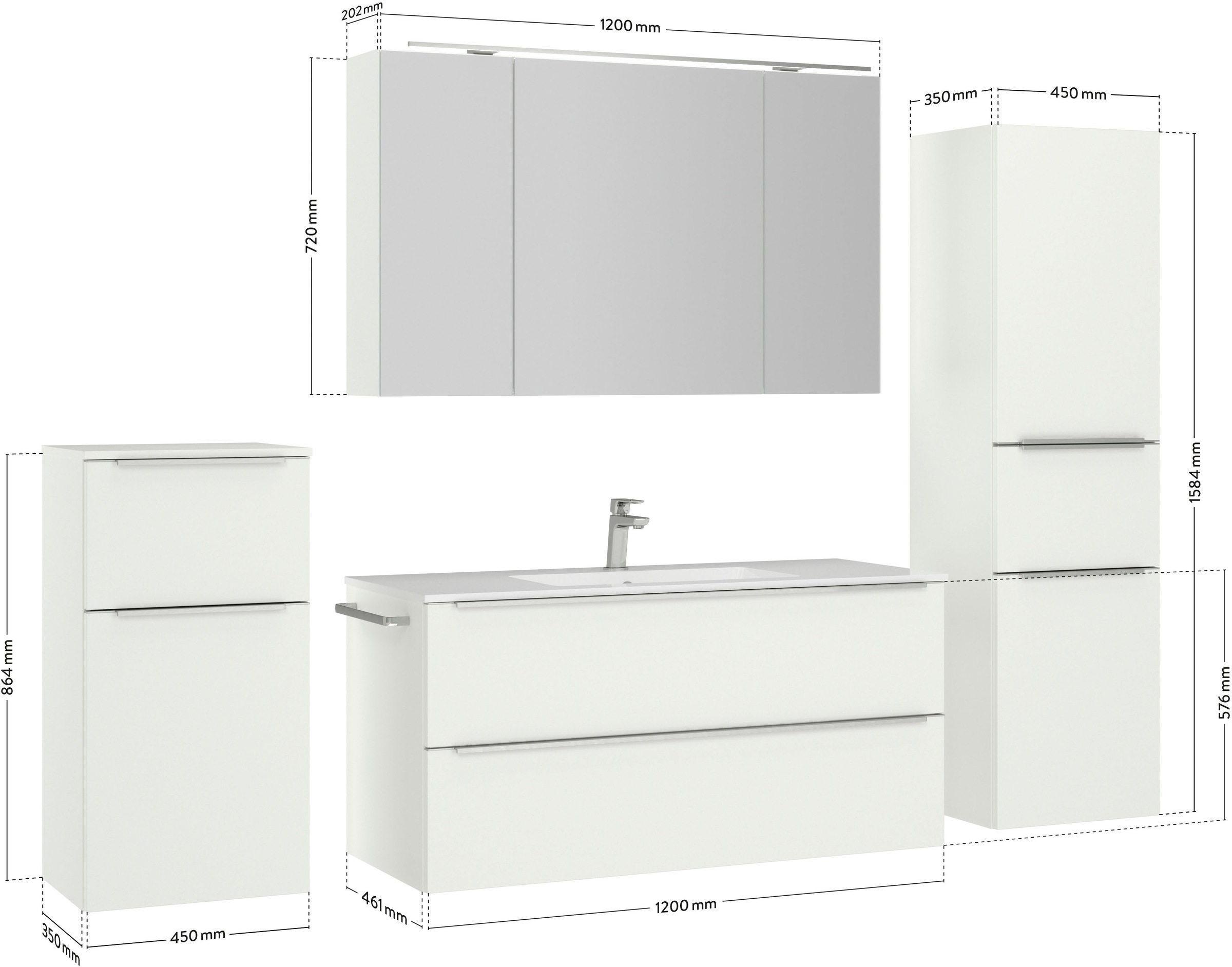 nobilia® Badmöbel-Set »Levere«, (4 St., vormontiert, mit Soft-Close), inkl. Spiegelschrank mit Beleuchtung und Dimmerfunktion, in 4 Breiten