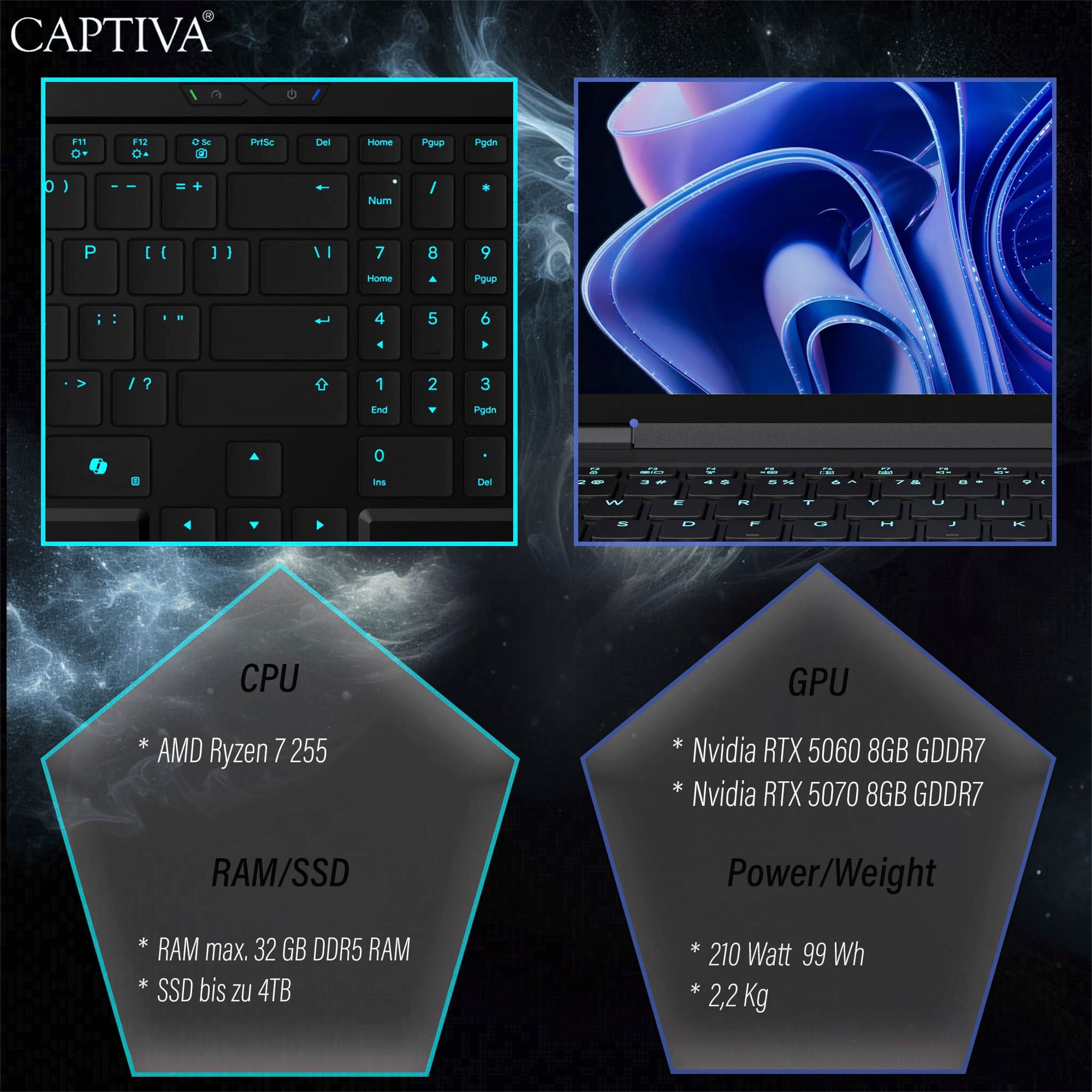 CAPTIVA Gaming-Notebook »Highend Gaming R10-1022GE« 38,9 cm / 15,3 ″ AMD Ryzen 7 GeForce RTX 5070 1.000 GB SSD