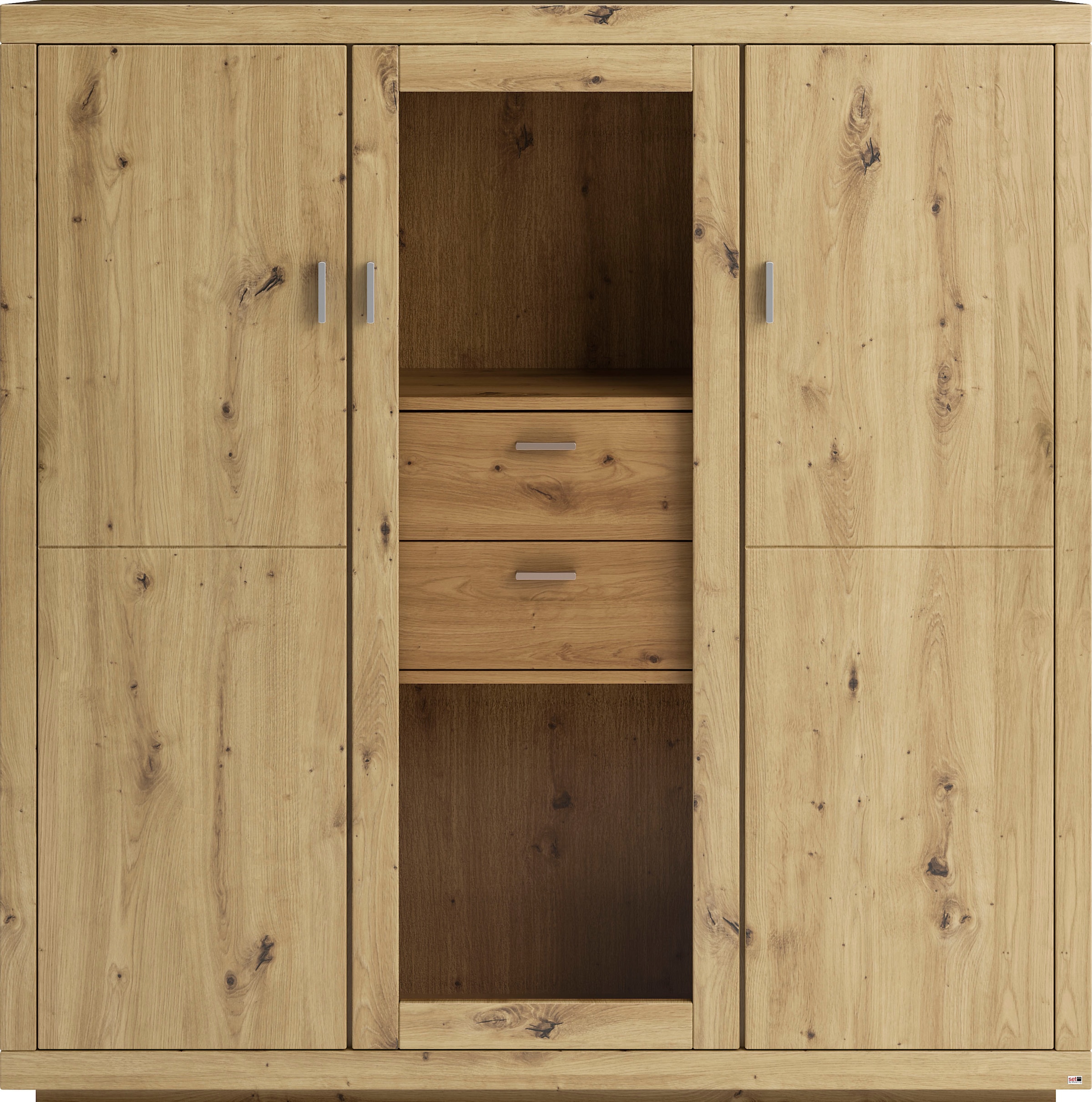 set one by Musterring Highboard »Chandler«, Rückwand mit sangestrahlter Optik, Tür mit Glasausschnitt