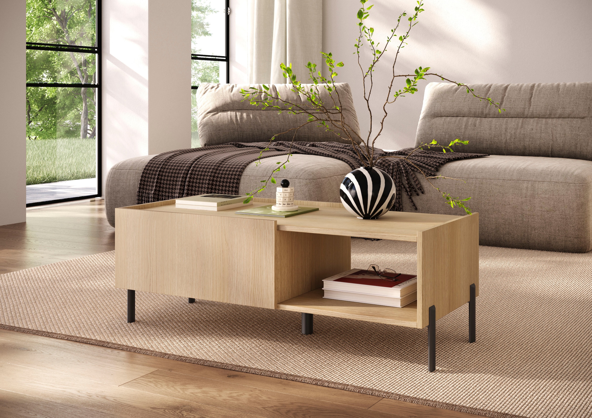 OTTO home Couchtisch »Badia 110x50 cm Korpus-Couchtisch, 2 Klappen, offenes Fach« Rechteckiger Wohnzimmertisch mit flexiblem Stauraum & Metallfüßen