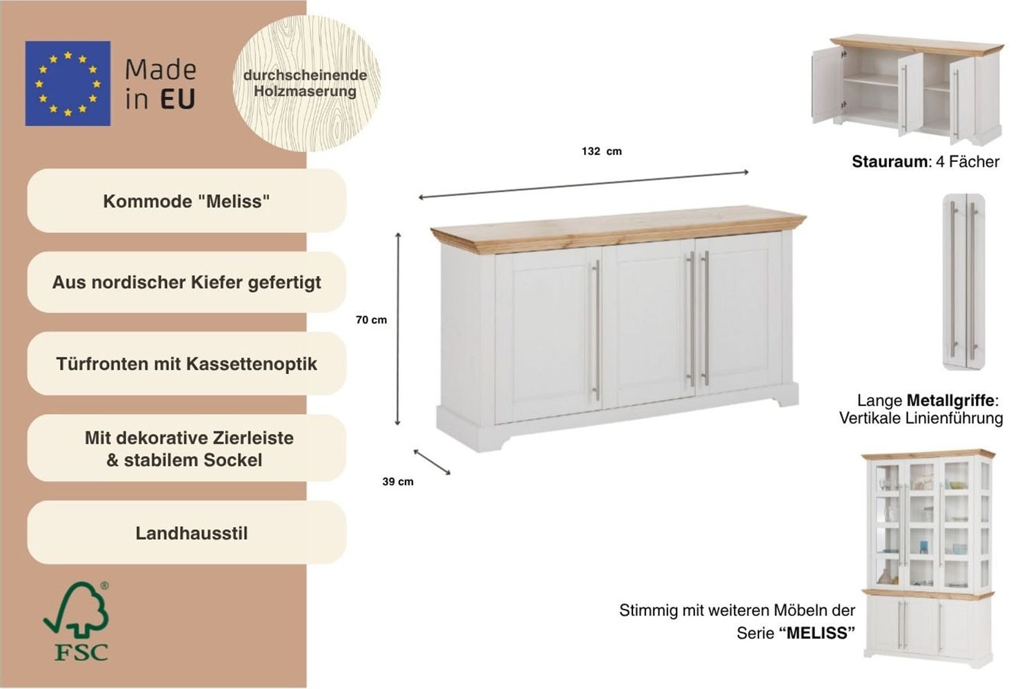 OTTO home Kommode »Melissa« aus massiver Kiefer, FSC® zertifiziert, 3-türig, Breite 132 cm
