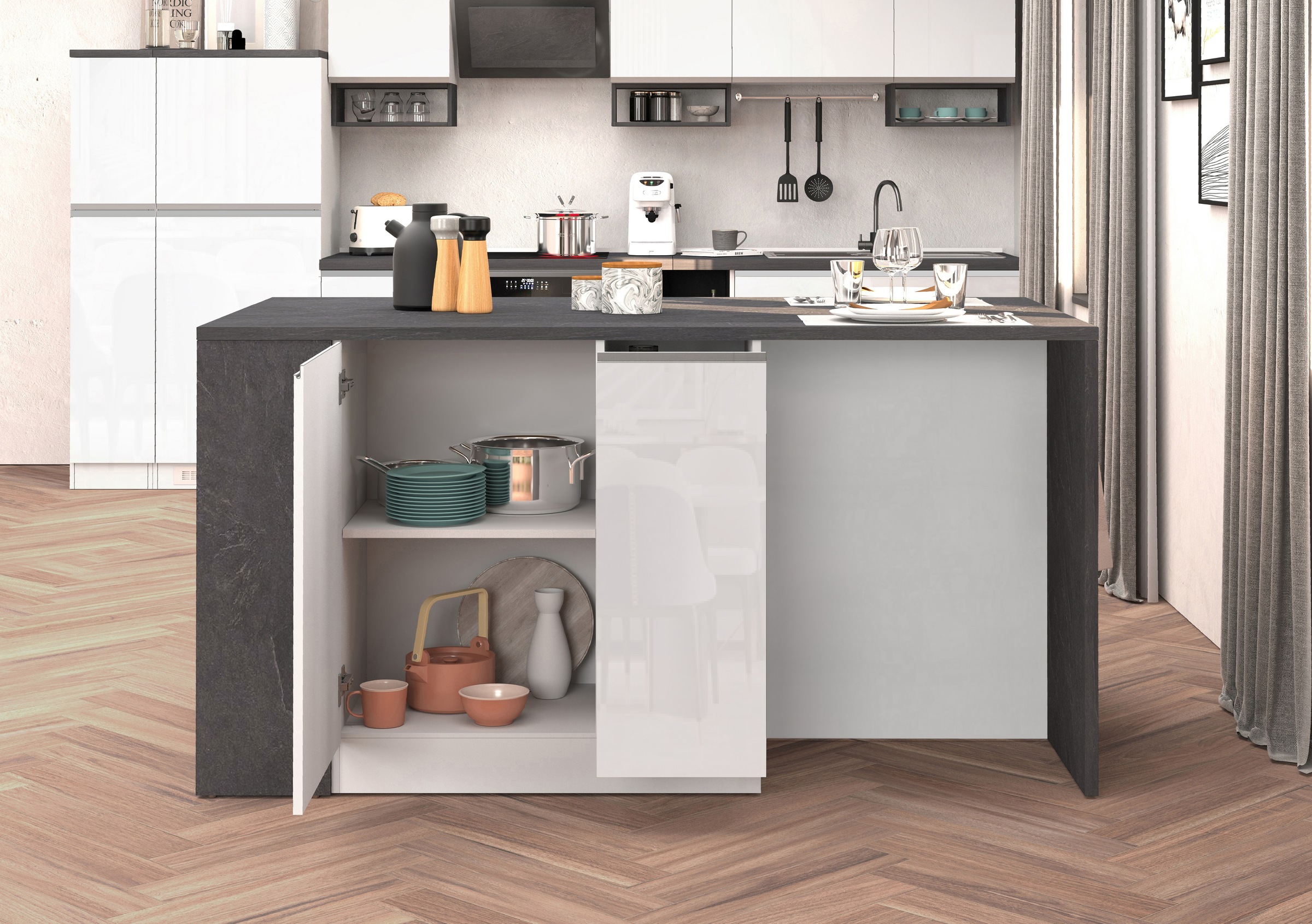 KOCHSTATION Kücheninsel »KS-Sole, Kochinsel, Küchenarbeitsblock, Arbeitsinsel, Made in Italy« Breite 167,5 cm, 2 Apothekerauszüge, 2 Essplätze, 1 offenes Regal