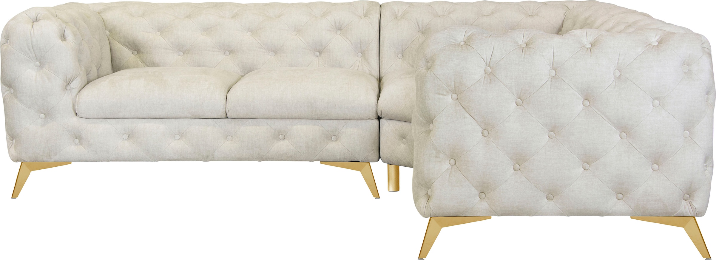 Leonique Chesterfield-Sofa »Ecksofa GLYNIS L-Form mit Wellenunterfederung, Maße B/T/H 264/264/75cm«, aufwändige Knopfheftung, moderne Chesterfield Optik, Fußfarbe wählbar