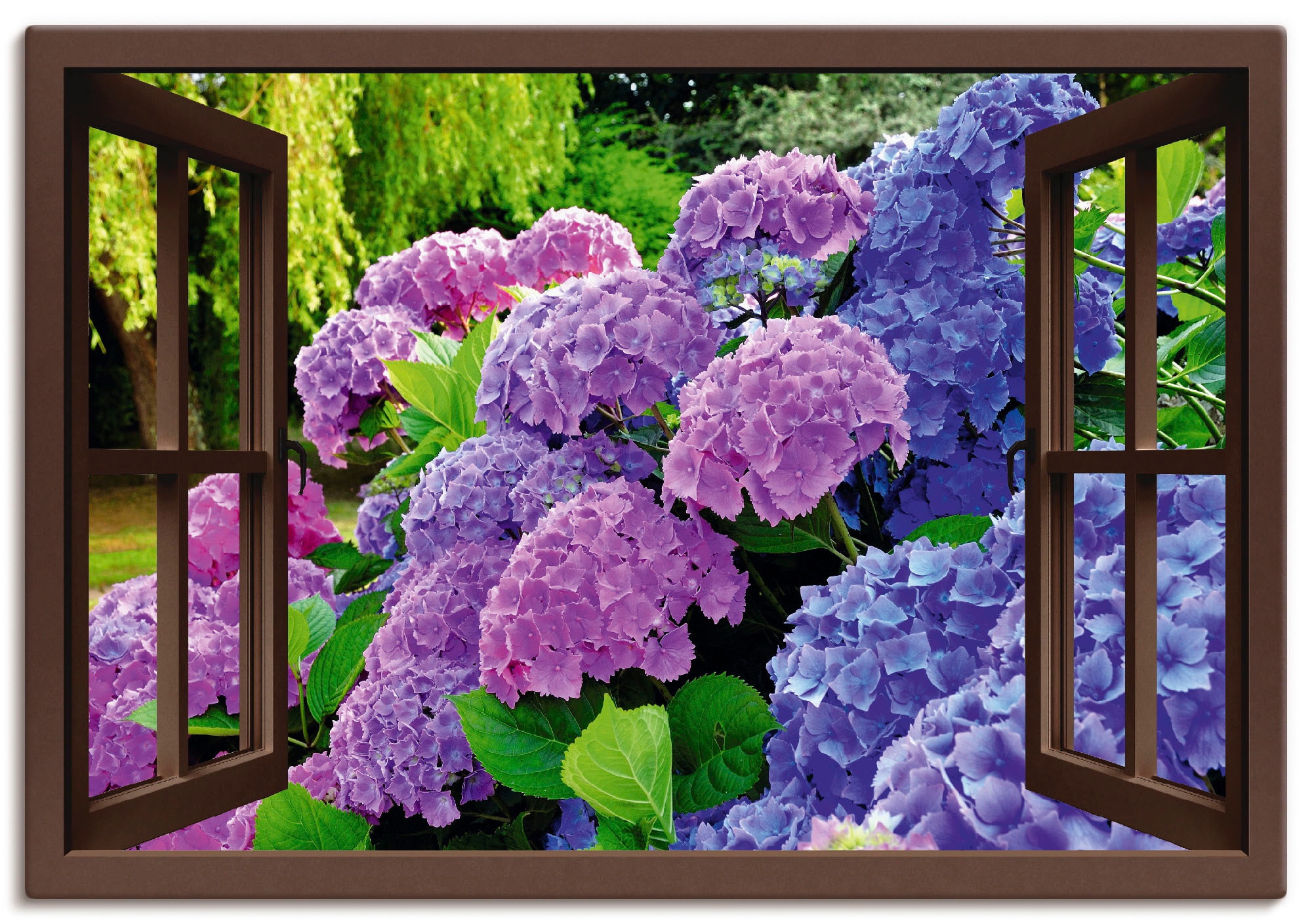 Artland Wandbild »Fensterblick - Hortensien im Garten«, Blumen, (1 St.), als Leinwandbild, Poster in verschied. Größen