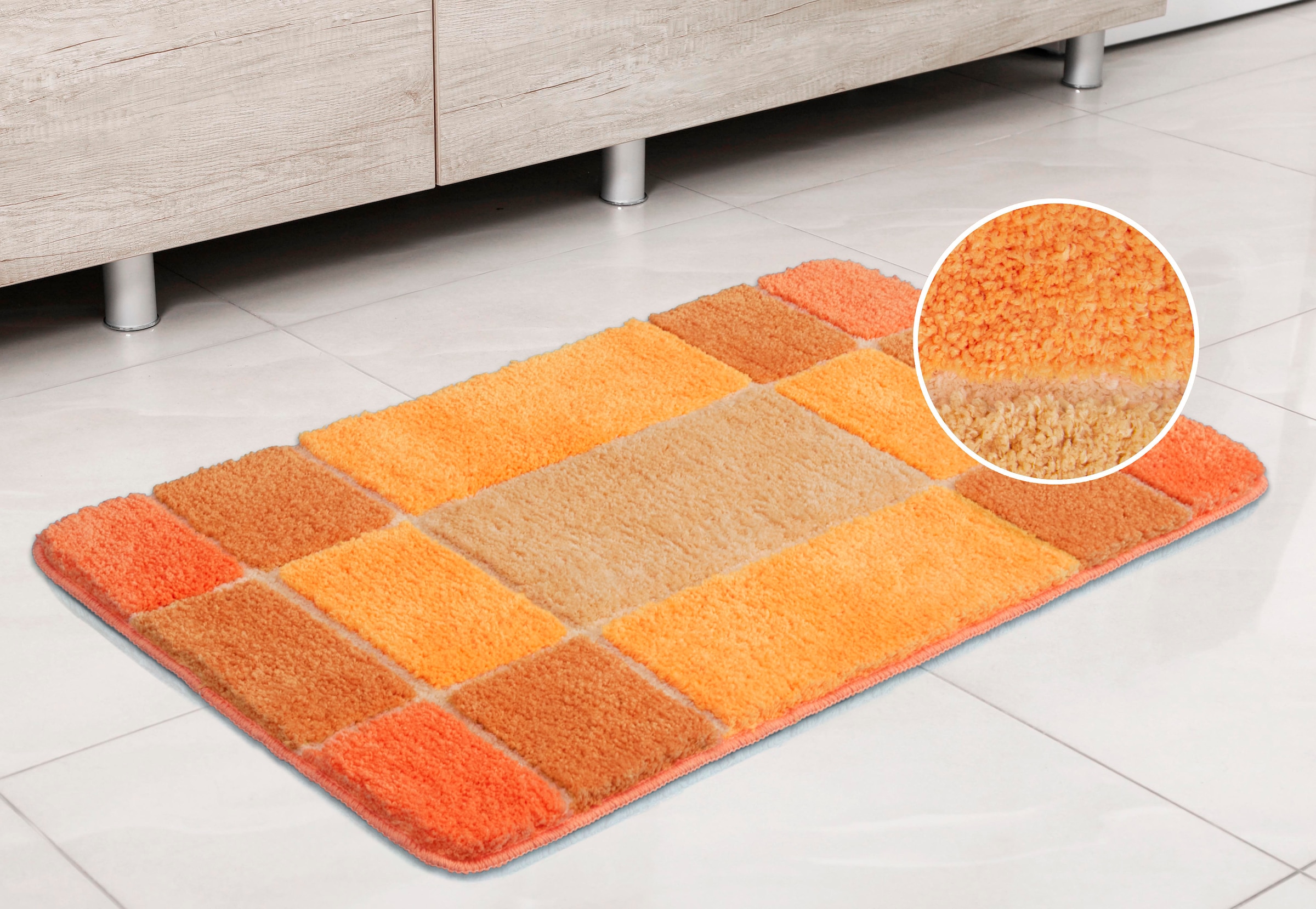 my home Badematte »Pia«, rutschhemmend beschichtet, strapazierfähig-fußbodenheizungsgeeignet-schnell trocknend, Badteppich, karierte Badematten, rechteckig, rund & als 3-tlg. Set