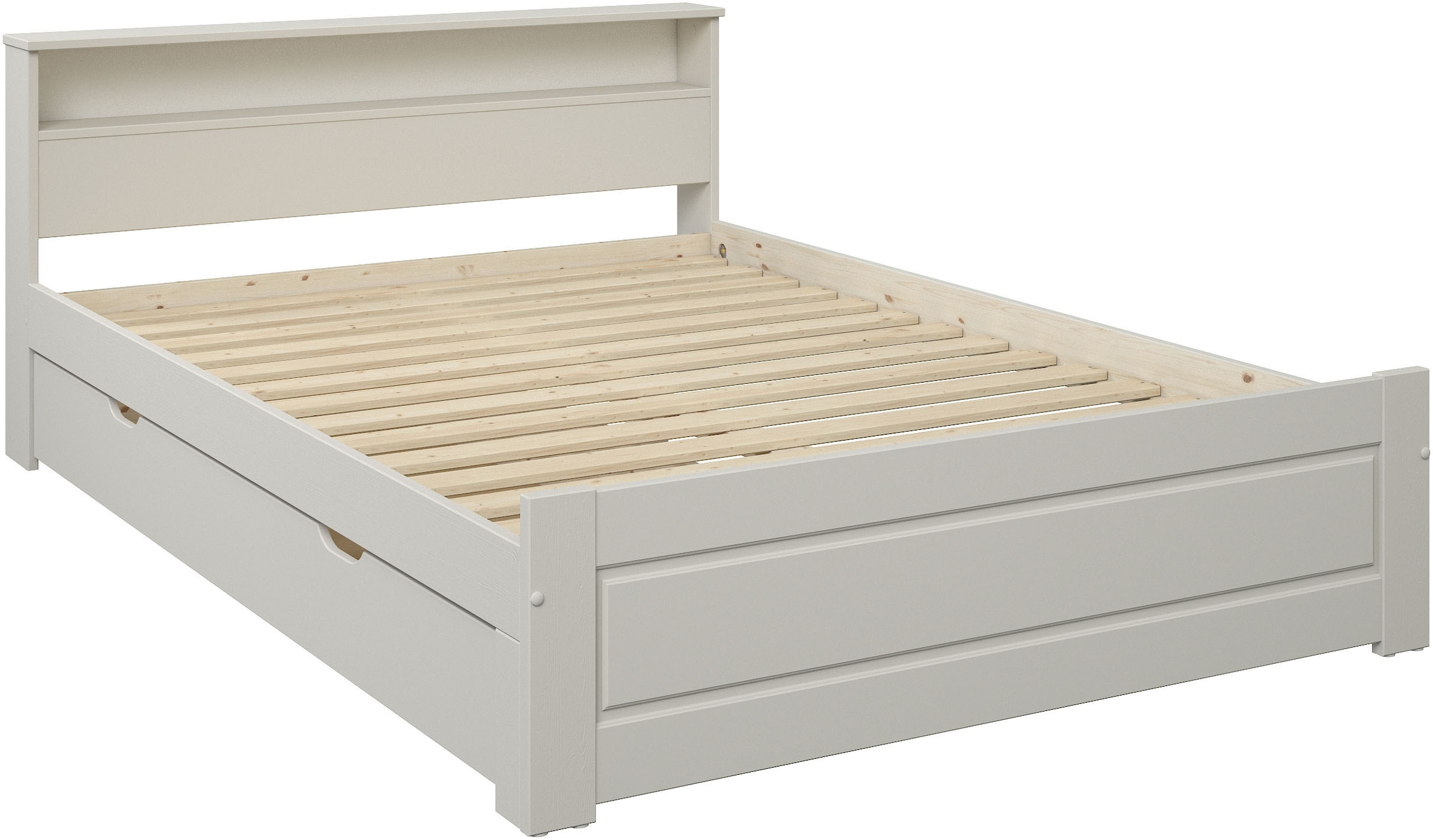 OTTO home Massivholzbett »FLAVION,  Jugendbett, Stauraum, FSC® zertifizierte Kiefer« Breite: 90, 140, 180,  Qualitätsprodukt, Regal, Kassettenoptik, Schublade optional