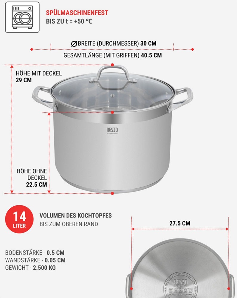 RESTO Kitchenware Kochtopf »Libra, Universaltopf energiesparend und spülmaschinenfest«, Edelstahl 18/10, (2 tlg.), Induktion, für alle Herdarten geeignet mit hitzebeständigem Glasdeckel