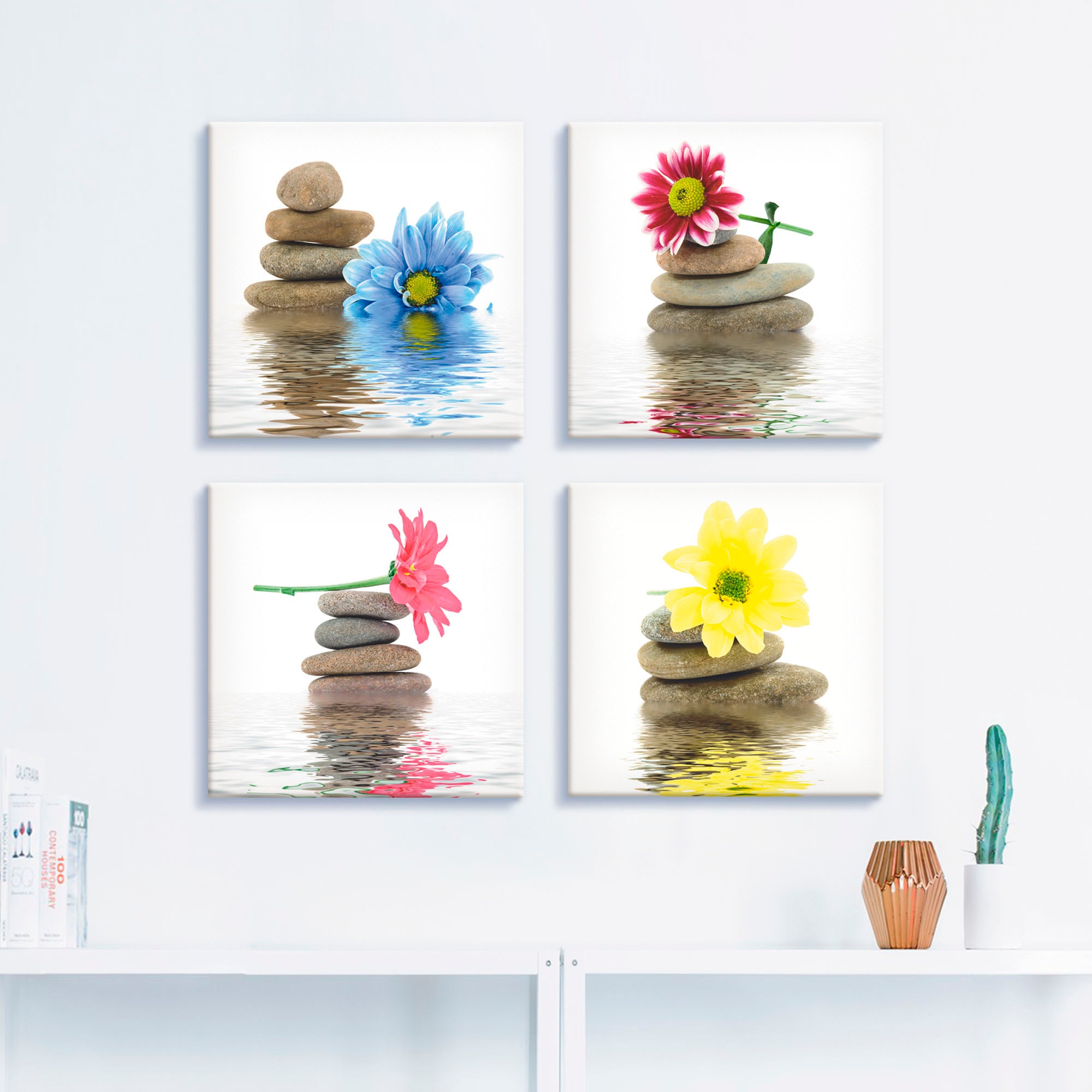 Artland Leinwandbild »Zen Therapie-Steine mit Blumen«, Zen, (4 St.), 4er  Set, verschiedene Größen auf Rechnung bestellen