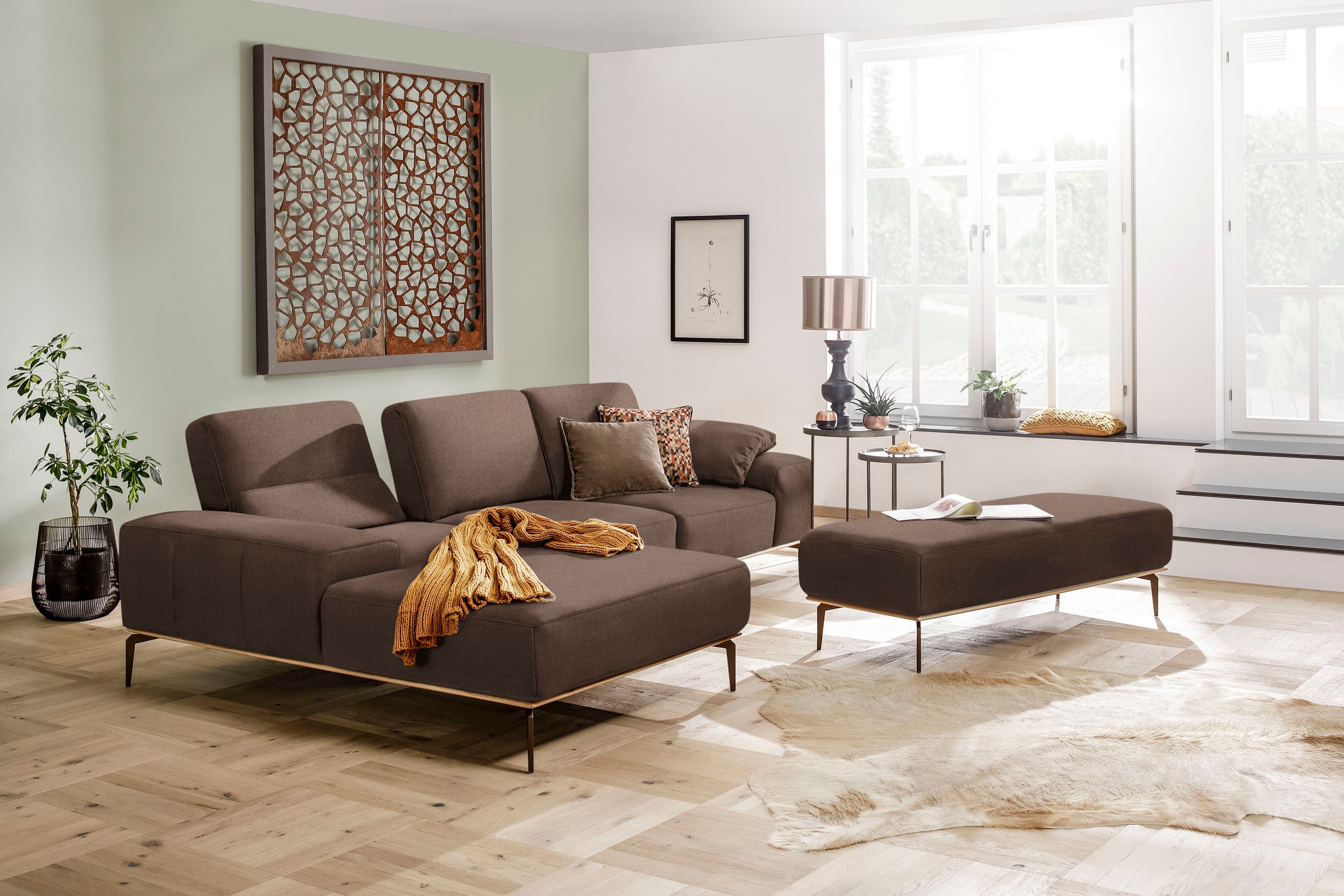 W.SCHILLIG Ecksofa »run, Designsofa mit tollem Sitzkomfort, L-Form«, mit Holzsockel, Füße in Bronze pulverbeschichtet, Breite 299 cm