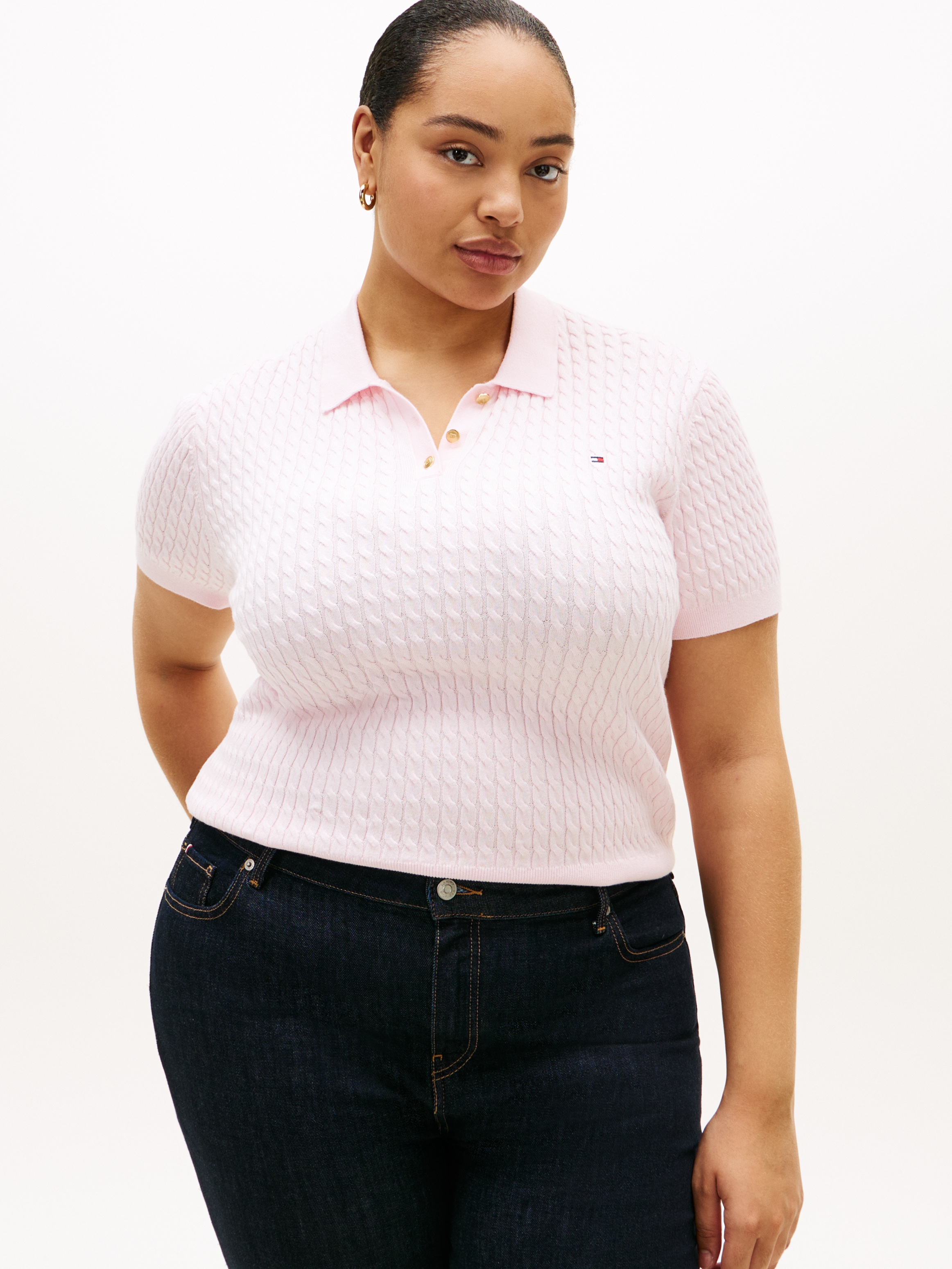 Tommy Hilfiger Curve Polokragenpullover »CRV CO CABLE FINE GG POLO S/S« in großen Größen, mit Zopfmuster