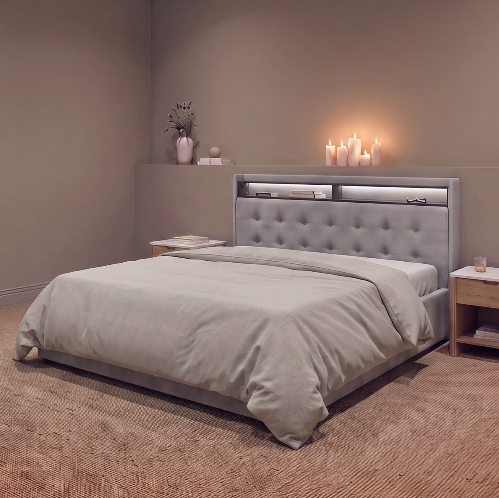 OTTO home Polsterbett »Hamar, beleuchtetes Regal, USB/ USB-C, bis 250 KG belastbar« LED-Licht und USB und USB-C Ladegerät im Kopfteil, Knopfsteppung