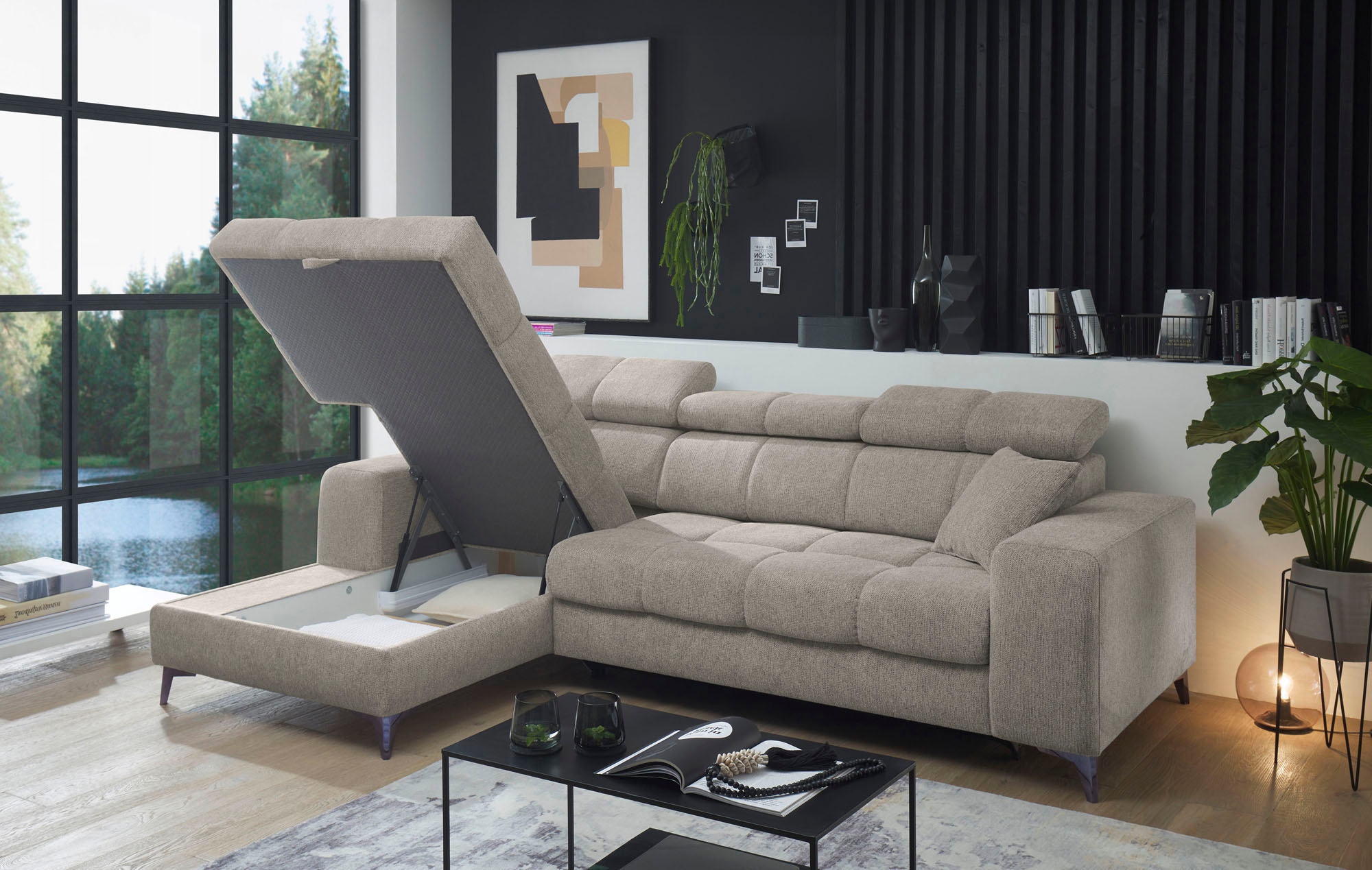 ED EXCITING DESIGN Ecksofa »Sydney L-Form« mit Bettfunktion, Bettkasten, Kopfteilverstellung & 2 Zierkissen