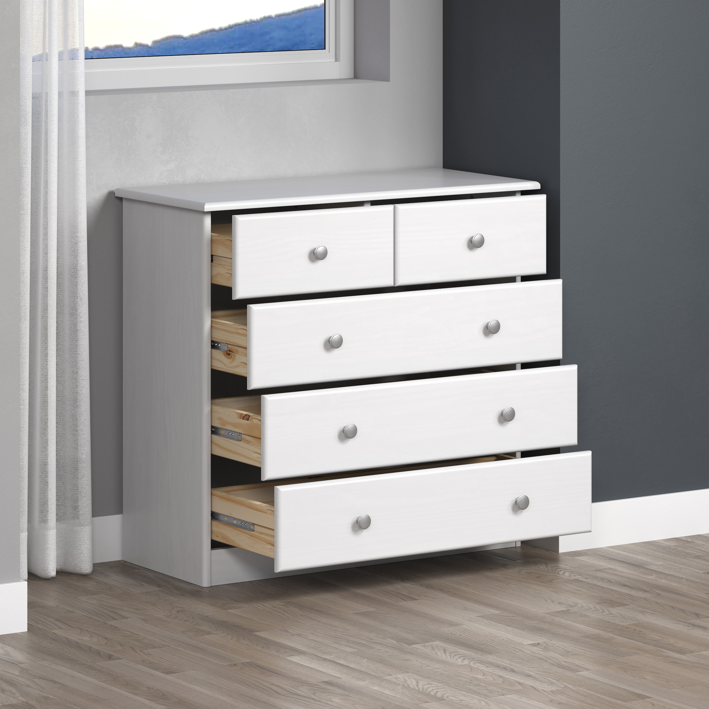 Home affaire Schubkastenkommode »Delsbo Kommode Wäscheschrank Beistellschrank Schrank Bestseller«, (1 St., Landhaus Design aus Kiefernholz), Massivholz Sideboard mit 5 Schubladen - Metall-Knopfgriffe