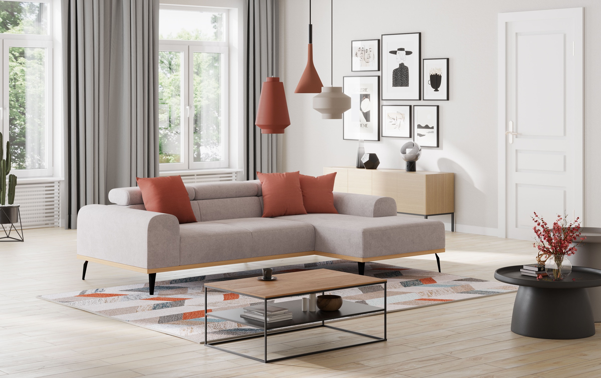 Places of Style Ecksofa »Carlo L-Form«, mit Kopfteilverstellung & Holz-Rahmenoptik, wahlweise Relaxfunktion