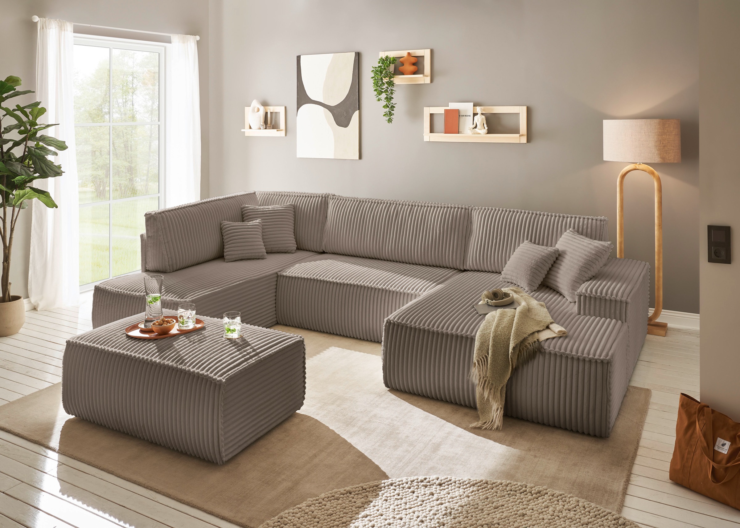 andas Wohnlandschaft »FINNLEY U-Form XXL 329 cm, Schlafsofa, Schlaffunktion m. Bettkasten«, (194/139 cm), Bouclé, Struktur und Cord