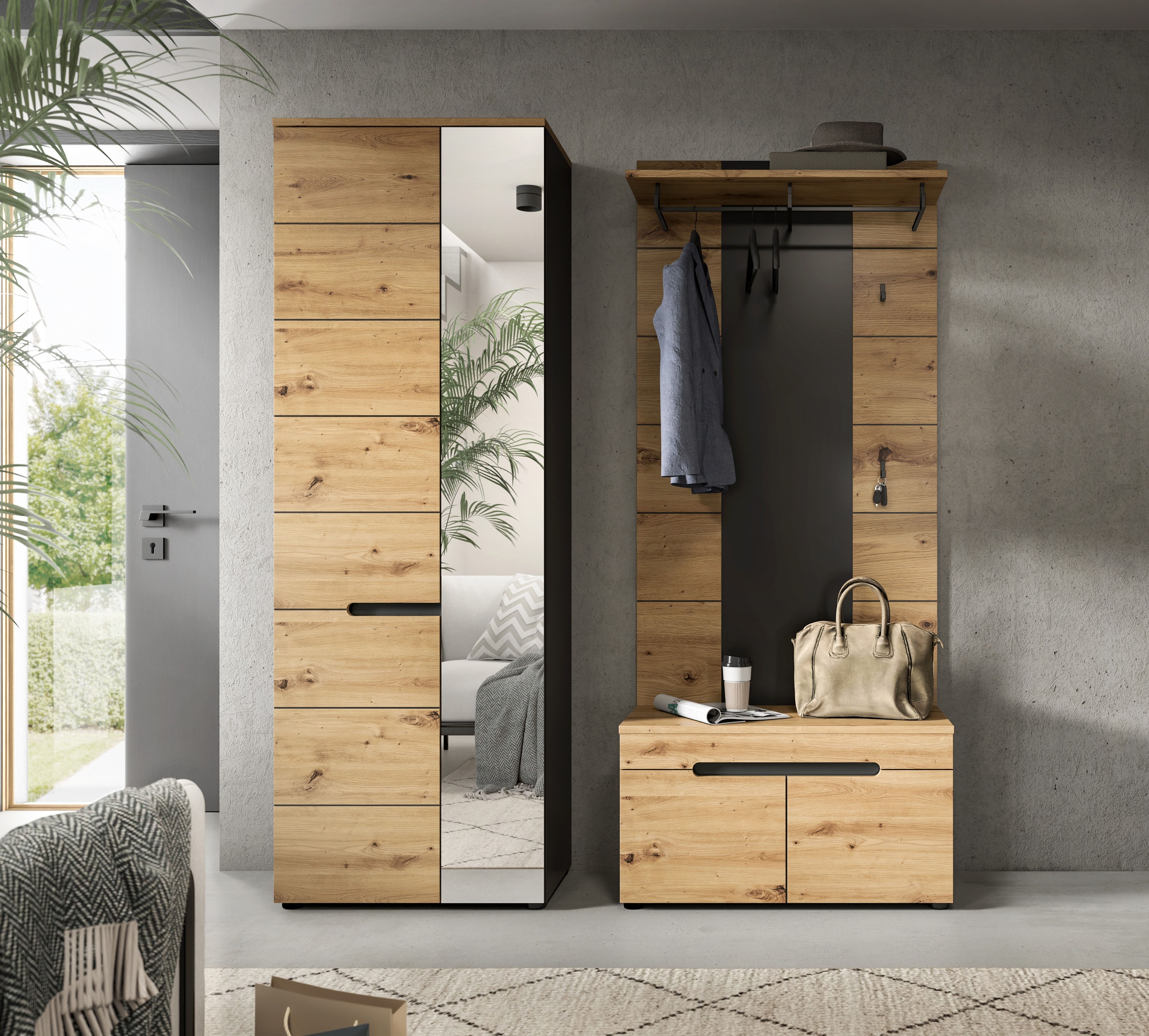 INOSIGN Garderoben-Set, (Set, 3 St., bestehend aus: Garderobenschrank, Sitzbank und Paneel), Garderobenkombination, Kombination, Set, Flurgarderobe, Diele