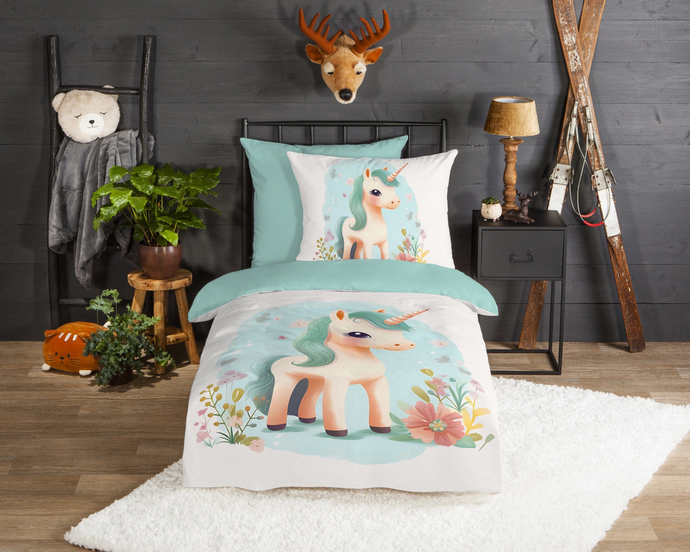 good morning Kinderbettwäsche »One«, Flanell, Biber, 135x200, Warm, Wende, Mädchen, Einhorn, Weiß, Türkis