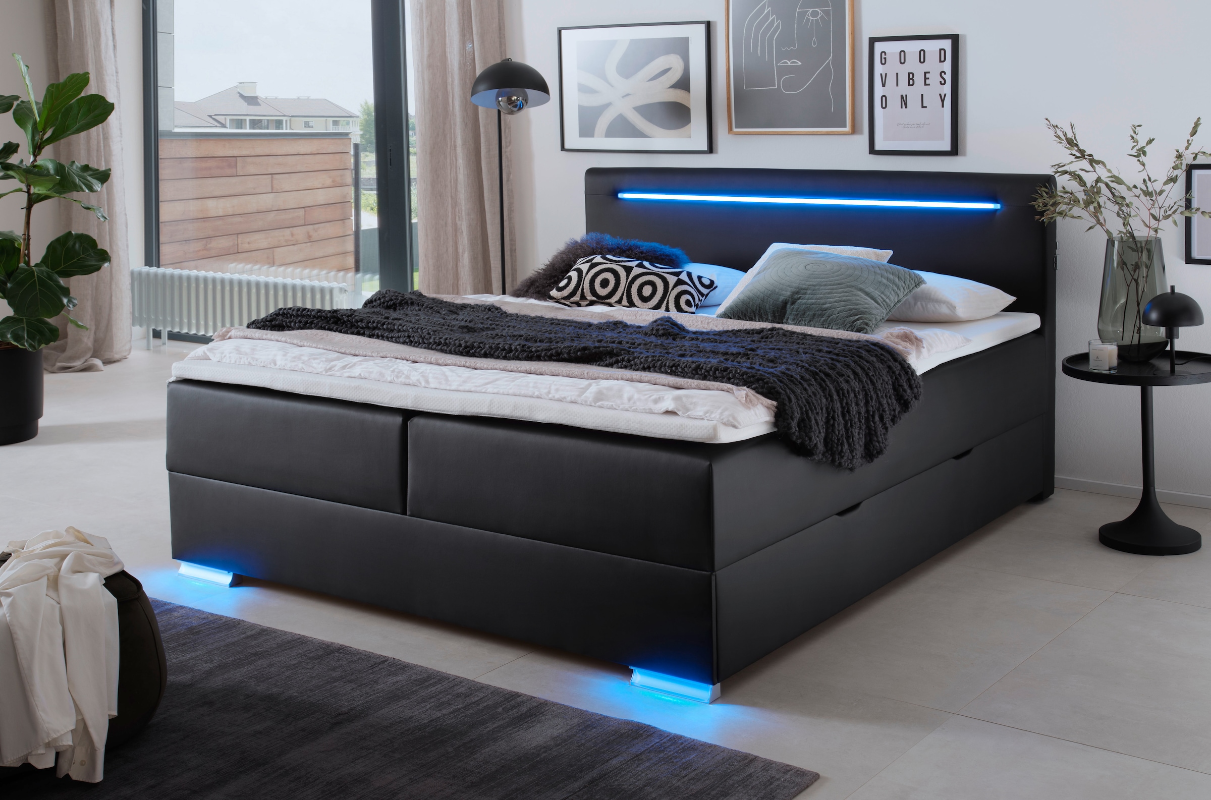 meise.möbel Boxspringbett »Las Vegas«, Füße und Kopfteil mit LED-Beleuchtung, mit Bettkasten und Topper