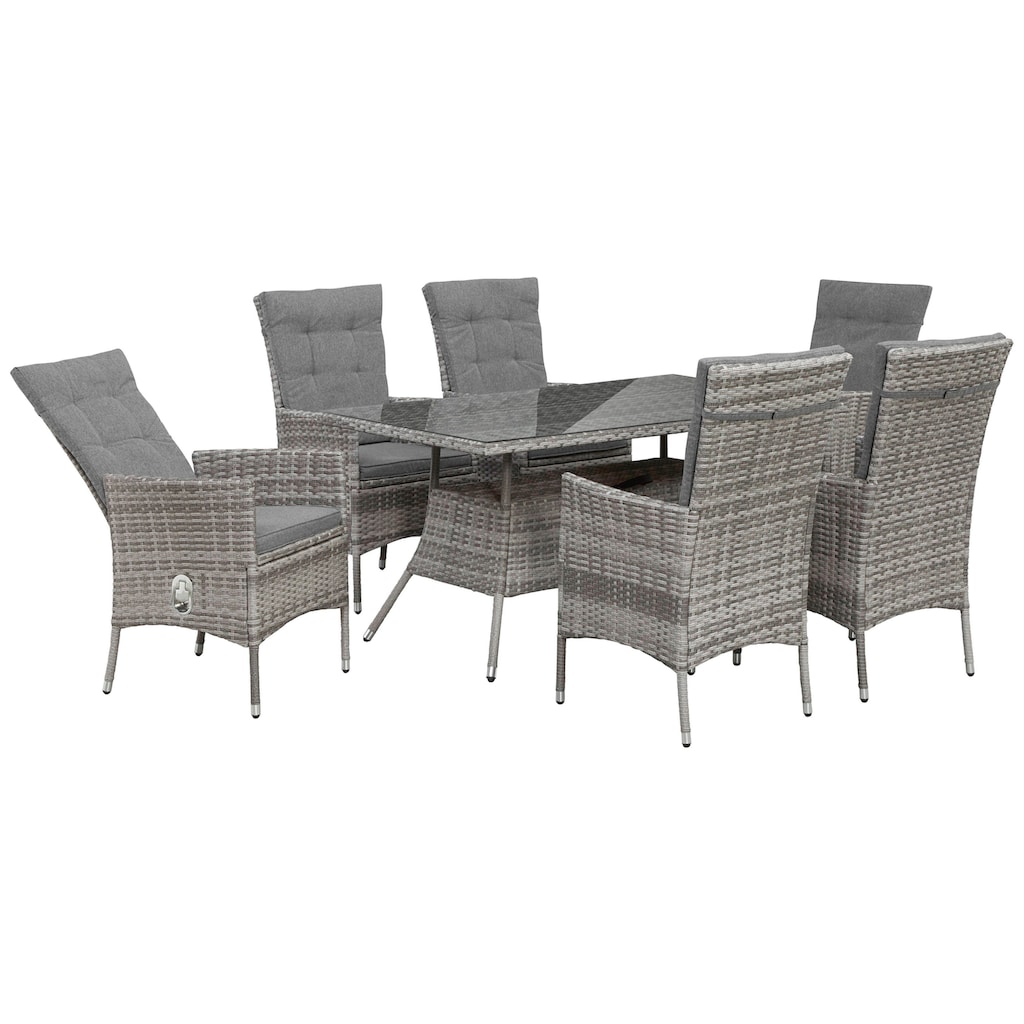 KONIFERA Garten-Essgruppe »Belluno«, (Set, 13 tlg., 6x Sessel, Tisch 150x80x 71,5 cm, Polyrattan, inkl. Auflagen), 2 der 6 Sessel stufenlos verstellbar, Stauraum unter dem Tisch, Grau