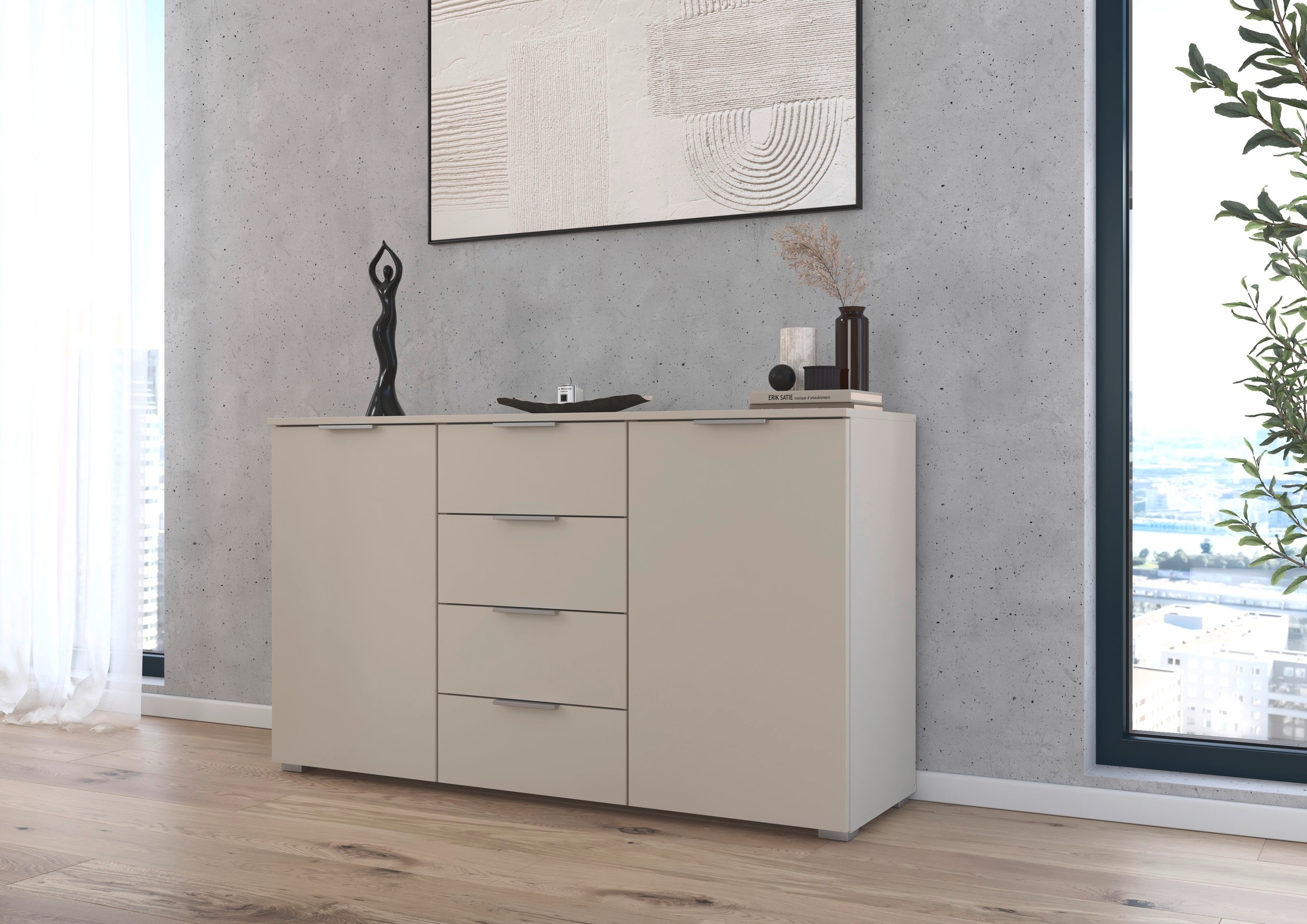 rauch Kombikommode »Sideboard Schubladenkommode AGORDO mit Dekor- oder Hochglanzfront«, (in zwei Griff-Farben, Breite 120 cm), vier große Schubladen, mit insgesamt 4 Einlegeböden MADE IN GERMANY