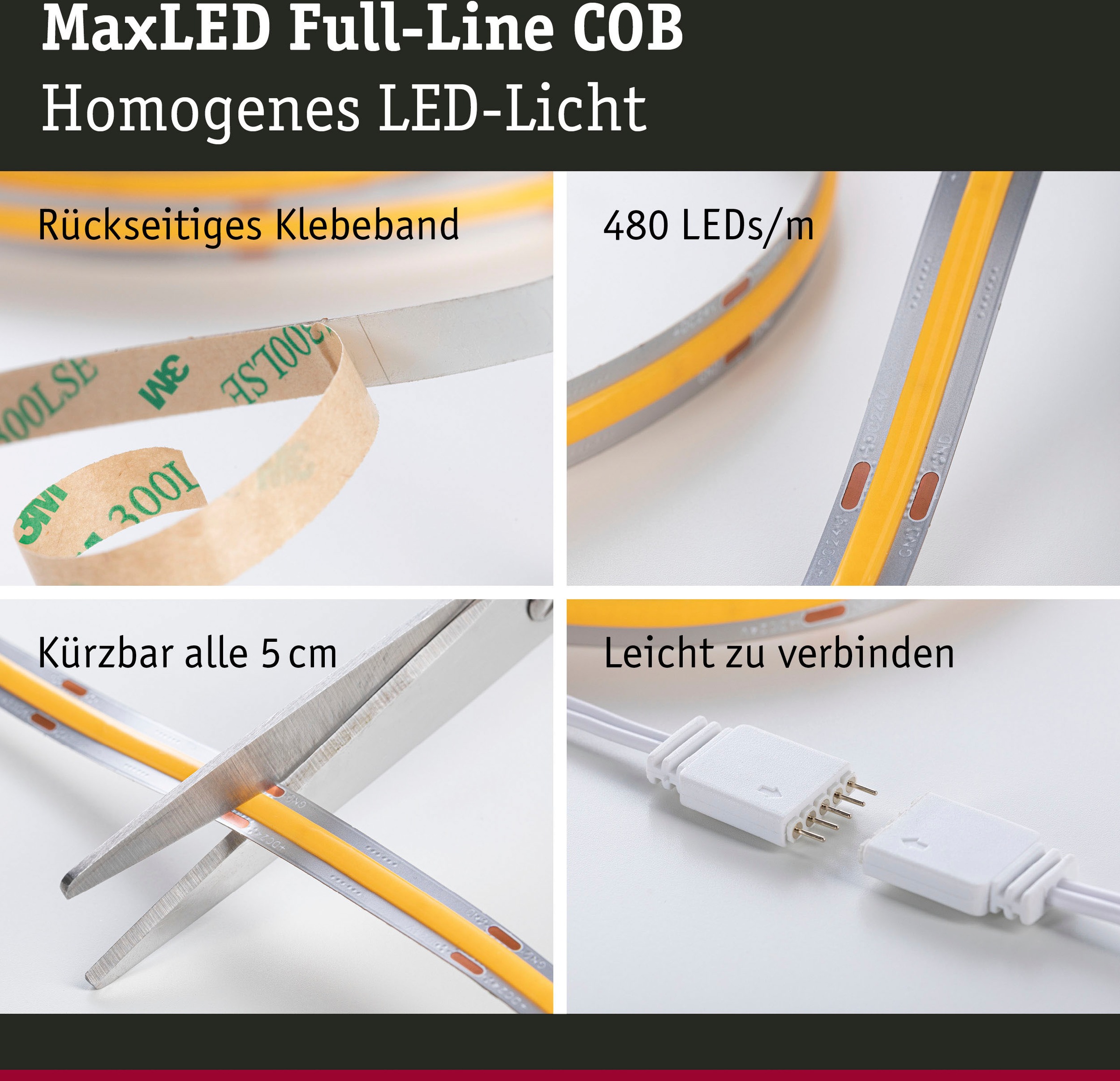 Paulmann LED-Streifen »MaxLED 500 Full-Line COB Basisset 3m Warmweiß 19W 1500lm 480LED 2700K«, 1 St.-flammig, Basisset