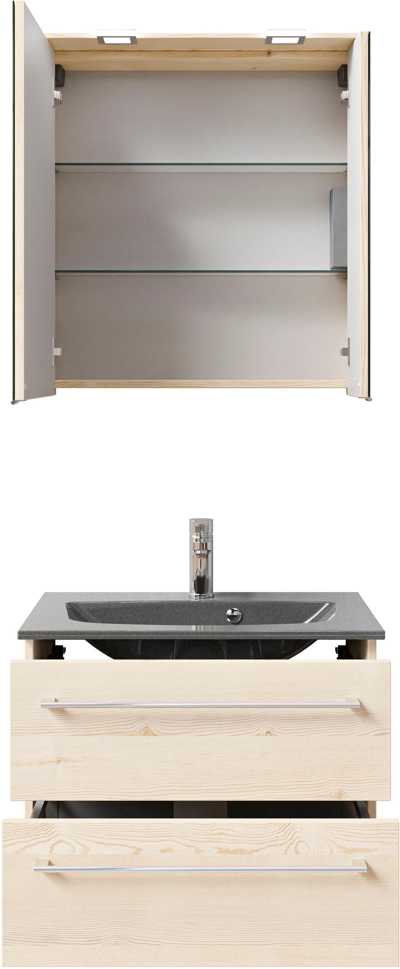 Saphir Badmöbel-Set »Serie 6025 2-teilig Mineralmarmor-Waschtisch mit LED-Spiegelschrank«, (2 St.), Waschplatz 67 cm breit, 2 Schubladen, 2 Spiegel-Türen, inkl Türdämpfer
