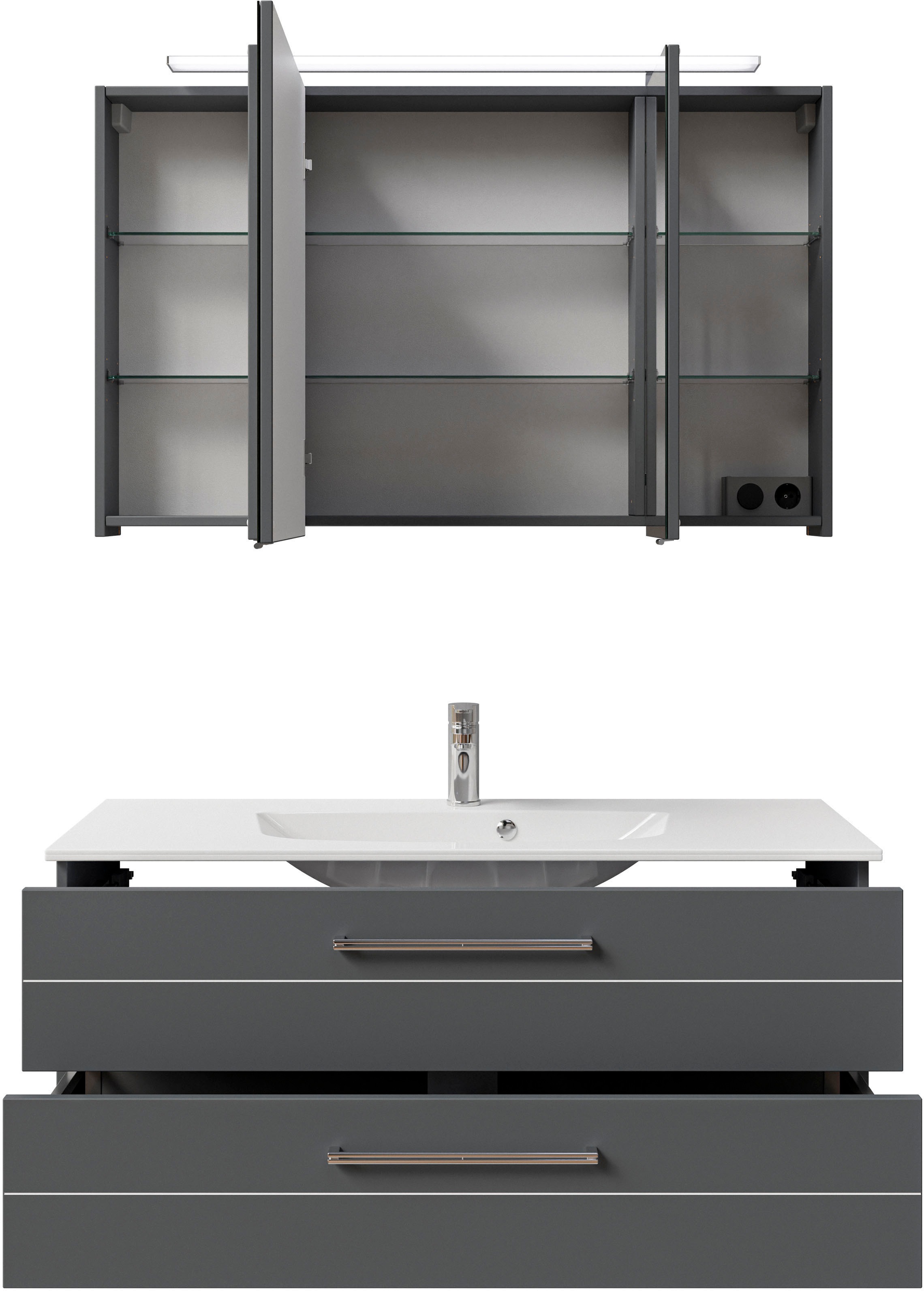 Saphir Badmöbel-Set »Serie 6025 2-teilig Mineralmarmor-Waschtisch mit LED-Spiegelschrank«, (2 St.), Waschplatz 117cm breit, 2 Schubladen, 3 Spiegel-Türen, inkl Türdämpfer