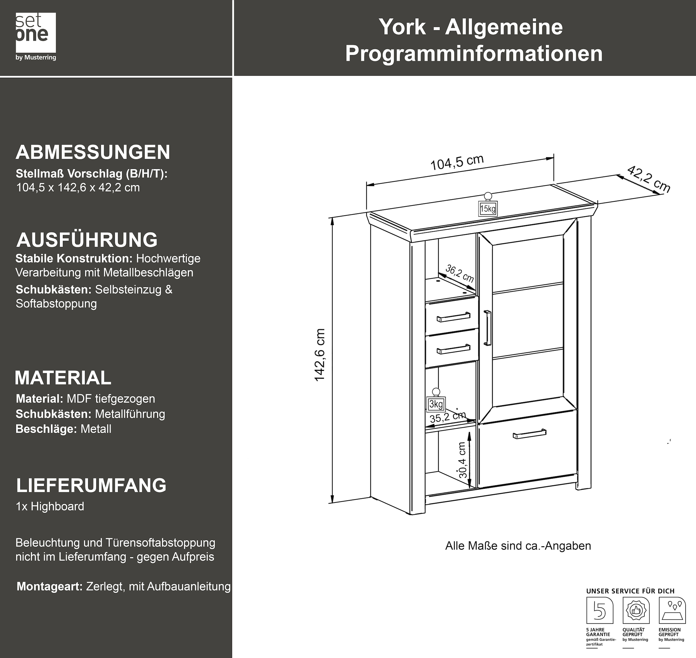 set one by Musterring Highboard »York«, Typ 25 und 26, in 3 Farbvarianten, Beleuchtung optional, Breite 105 cm