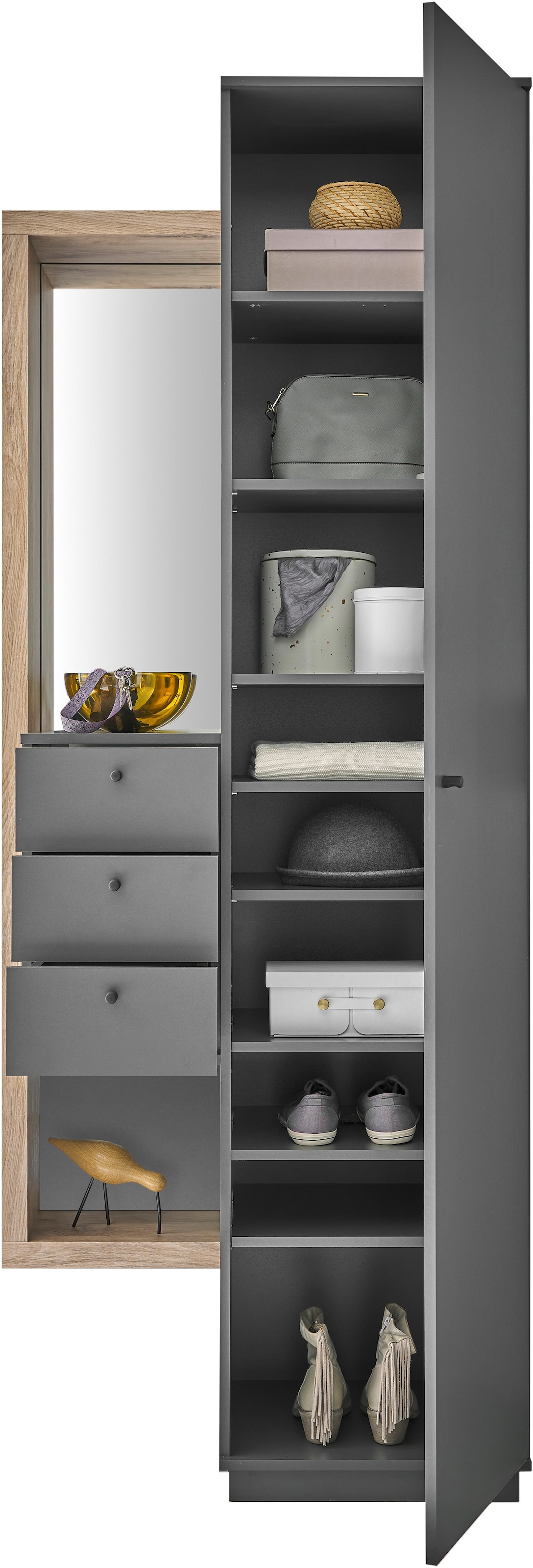 HBZ Garderobenschrank »Frame mit Spiegel, Flurgarderobe BxHxT 80x210x40 cm«, (1 St.), Mit 1 Tür, 1 Kleiderstange, 7 Einlegeböden, Kommode mit 3 Schubkästen