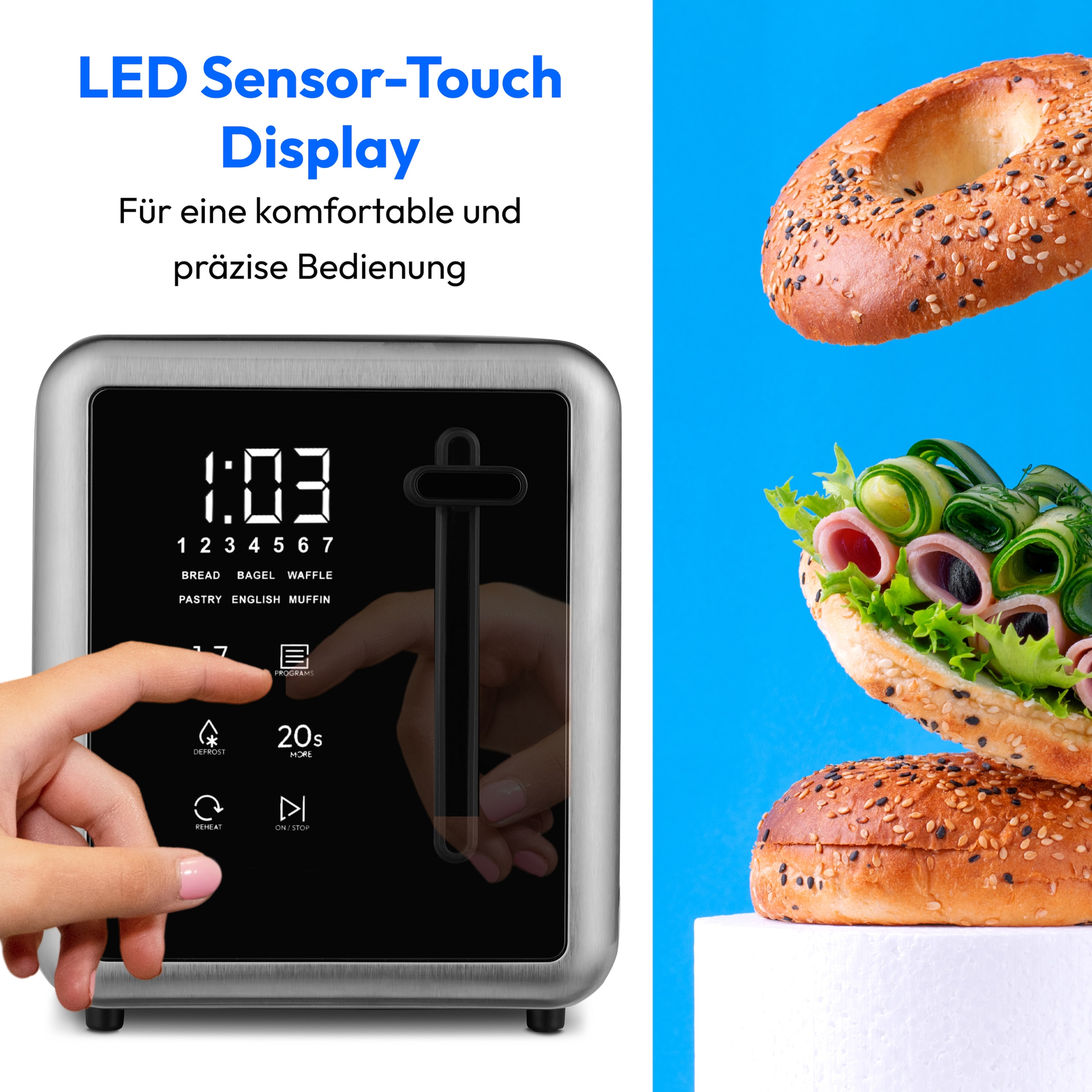 Medion® Toaster »Langschlitztoaster, MD12103, LED Sensor-Touch-Display« 2 lange Schlitze für 4 Scheiben 1450 W abnehmbarer Brötchenaufsatz